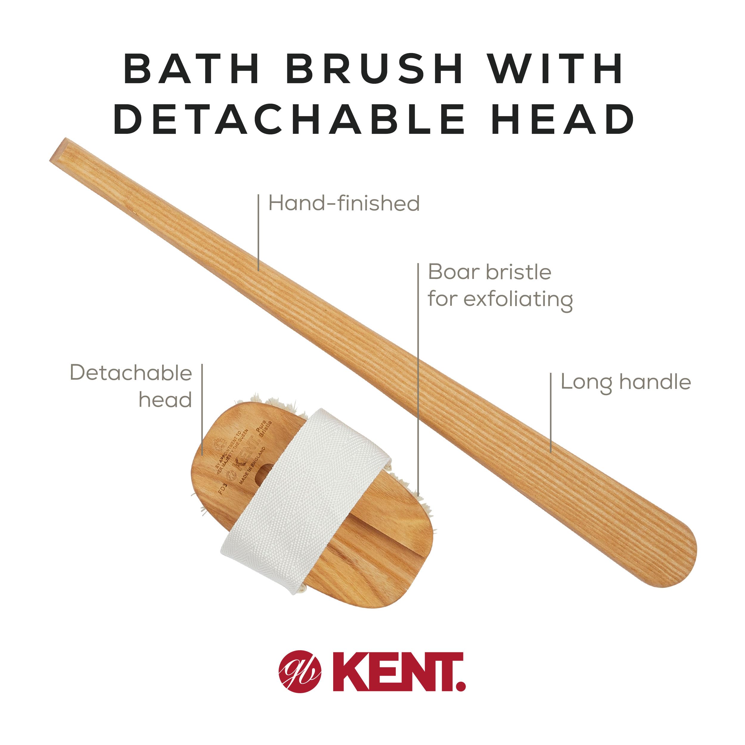Kent Fd3 Luxury Beechwood Body Scrubbing Exfoliating Bath/Shower Brush With 100% Pure White Bristle. Long Handle With Detachable