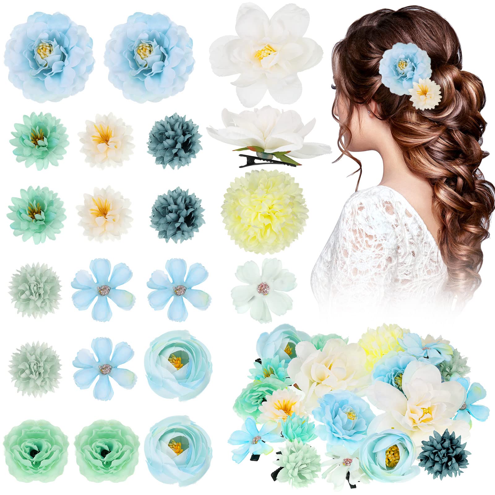 BBTO 21 Pcs Flower Hair Clip Rose Hair Clips Barrettes for Women Flower Accessories Boho Bride Claw Clip Hairpin Brooch Pin Head