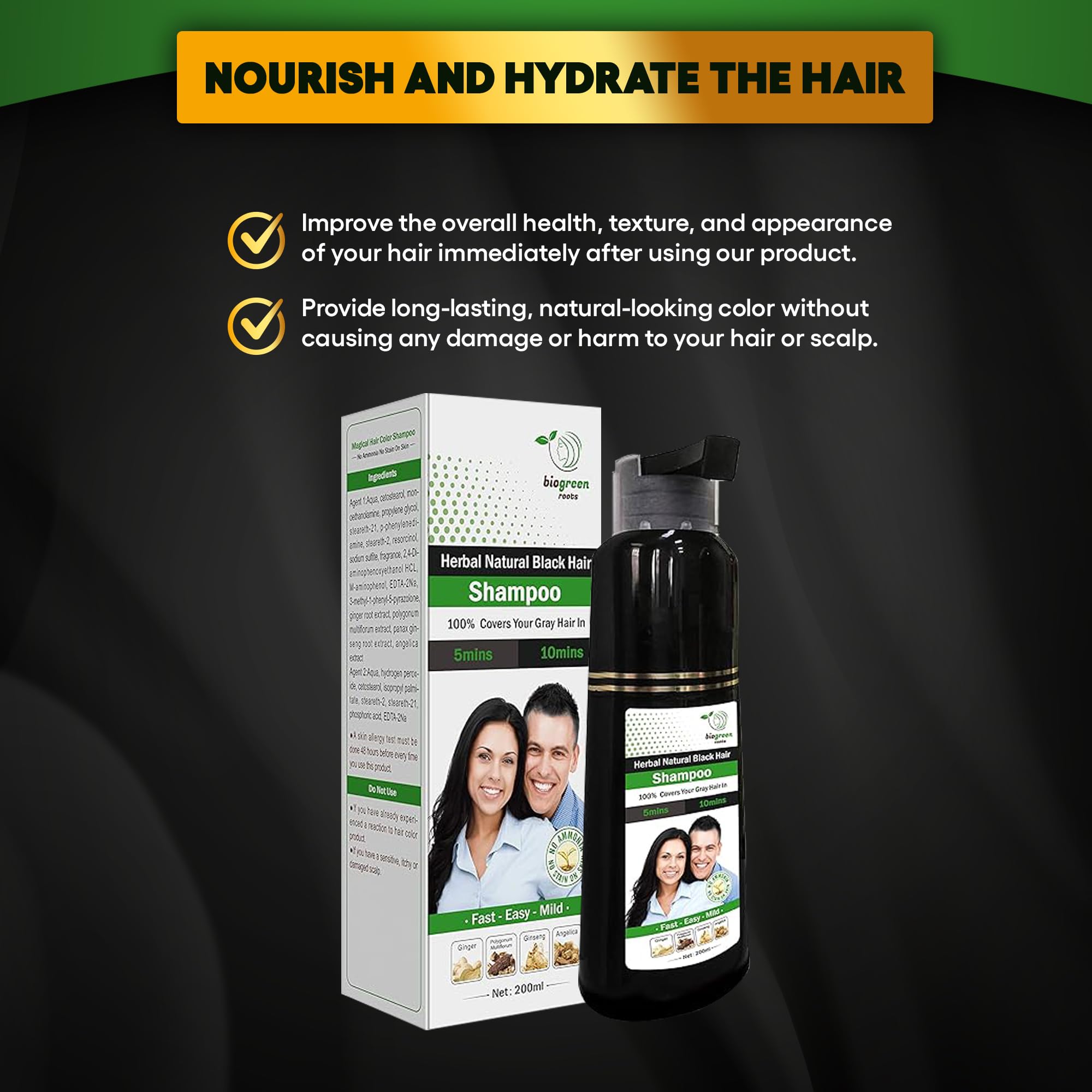 BIOgREEN ROOTS 200 ml Natural Black Hair color Shampoo With Herbals - Black Shampoo for grey Hair - covers gray Hair in 10 Minut
