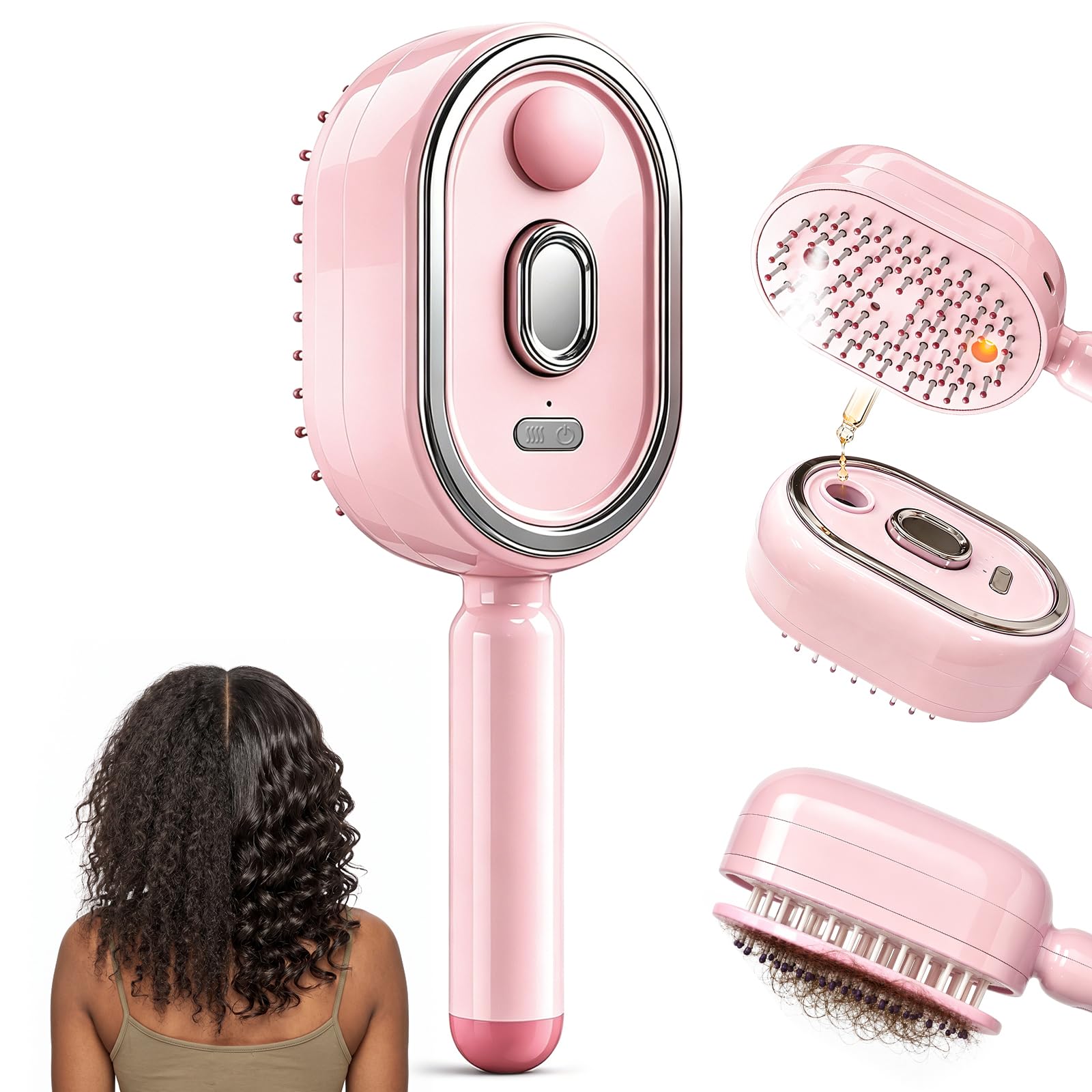 Electric Hair Brush with Mist Spray, Essential Oil Infused Hair Care Brush for Dry Frizzy Hair, Self Cleaning Detangling Comb wi