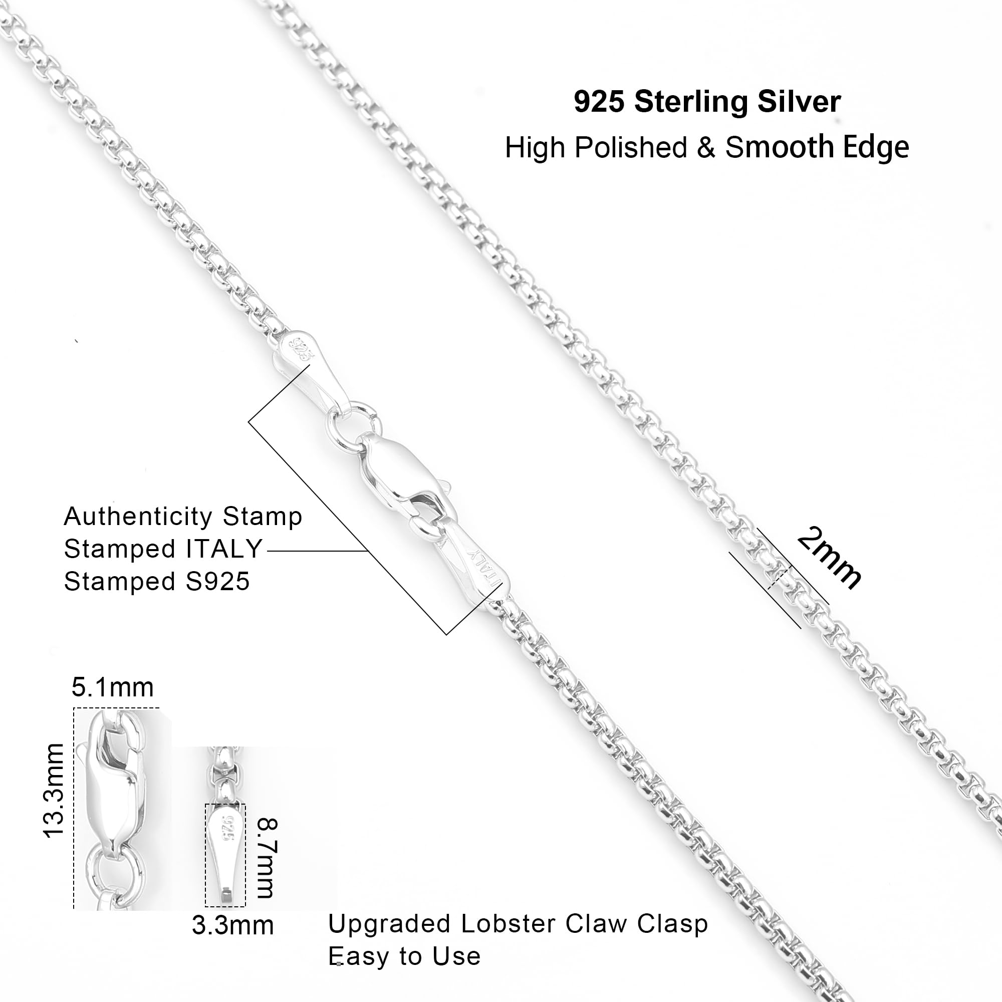Waitsoul 925 Sterling Silver Box Chain Lobster Clasp 2mm Silver Chain for Women Men Silver Necklace Chain 16-30 Inches (20)