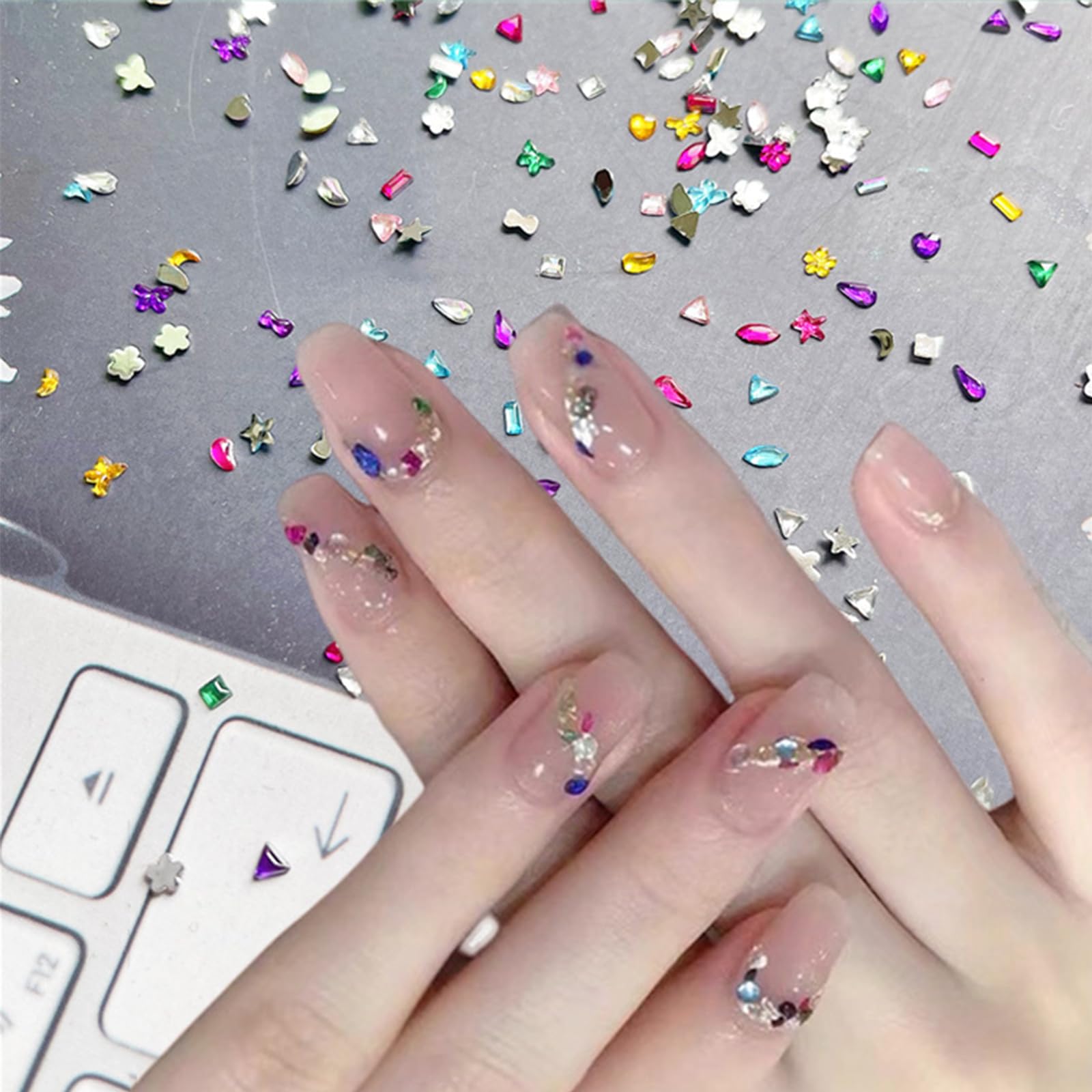 Lbpepamz 2000Pcs Colorful Rhinestones Nail Art Charms Multi Shape Crystal Flat Back Nail Gems 3D Mini Heart Star Flower Nail Dia