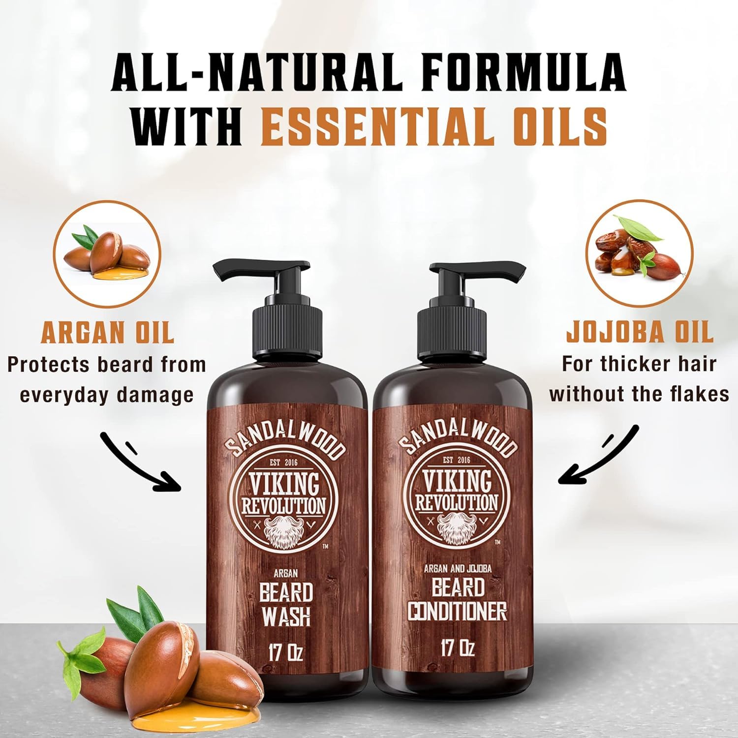 Viking Revolution Beard Wash & Beard Conditioner Set With Argan & Jojoba Oils - Softens And Strengthens - Natural Sandalwood Sce