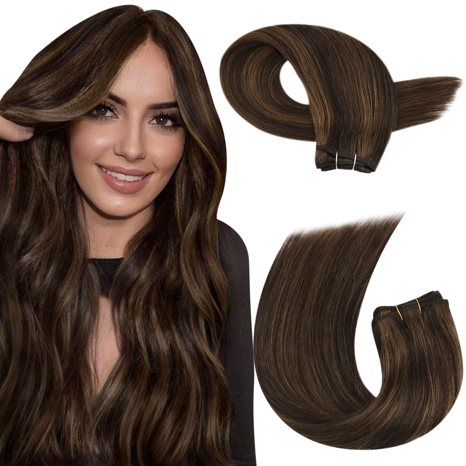 Moresoo Weft Hair Extensions Human Hair Brown Highlight Remy Sew In Weft Human Hair Extensions Darkest Brown With Light Brown Ha