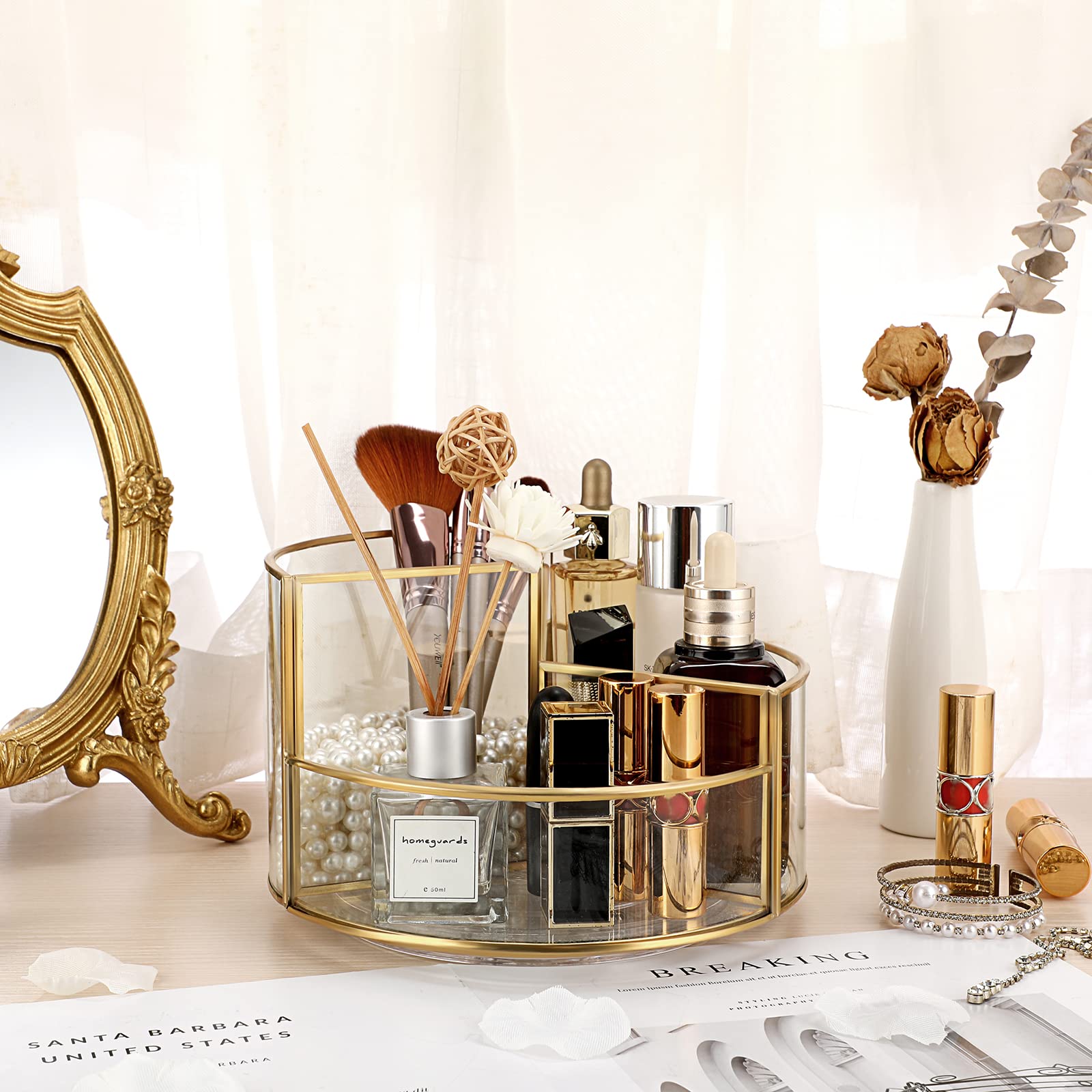 Hipiwe 360 Rotating Makeup Organizer 3-Slot Gold Glass Spinning Cosmetic Display Case Round Vanity Storage Holder Dresser Bathro