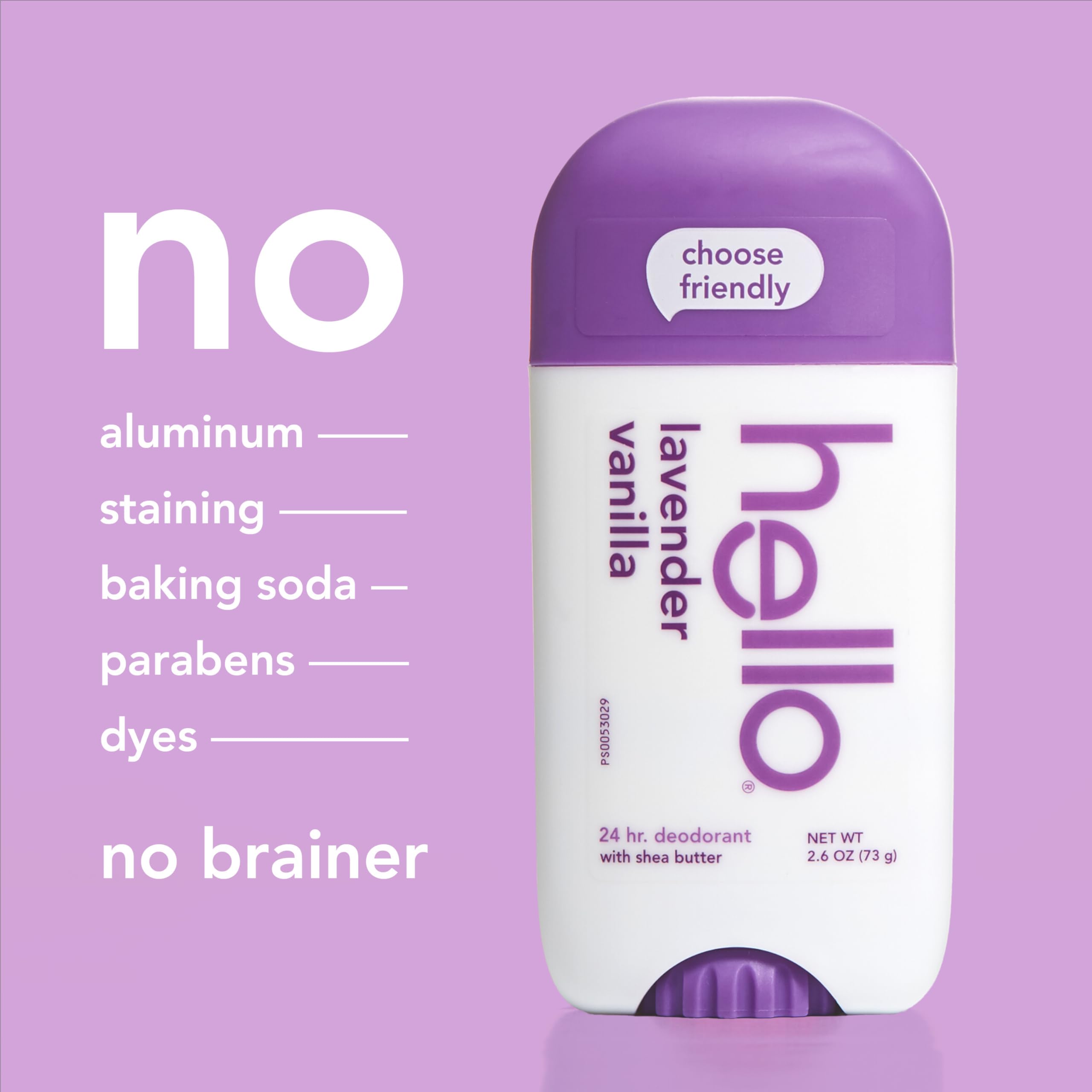Hello Lavender Vanilla Vegan Deodorant, Aluminum Free Deodorant for Women and Men, 2.6 oz Stick