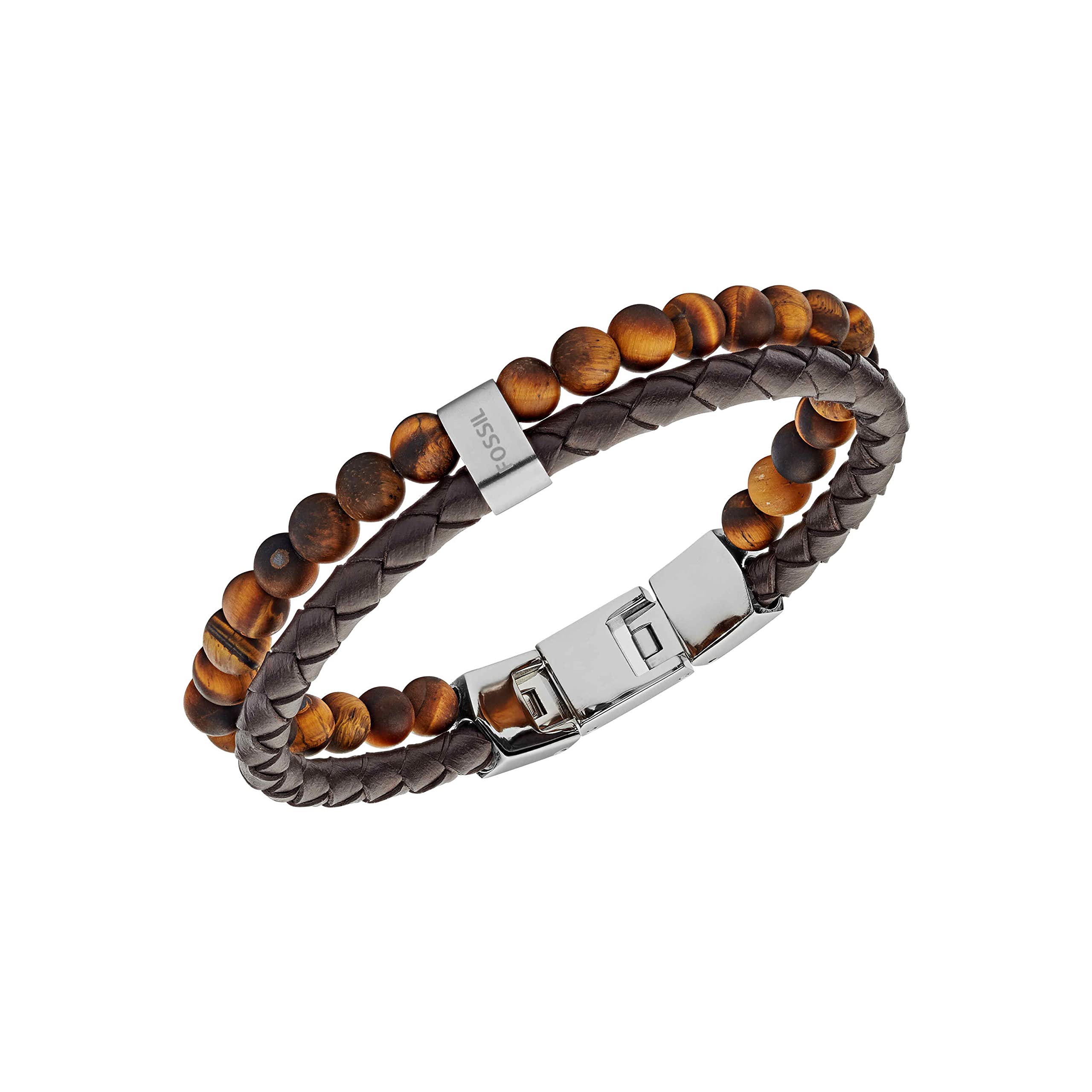 Fossil Men's Leather and Beaded Bracelet, Color: Tigers Eye/Brown (Model: JF03118040)
