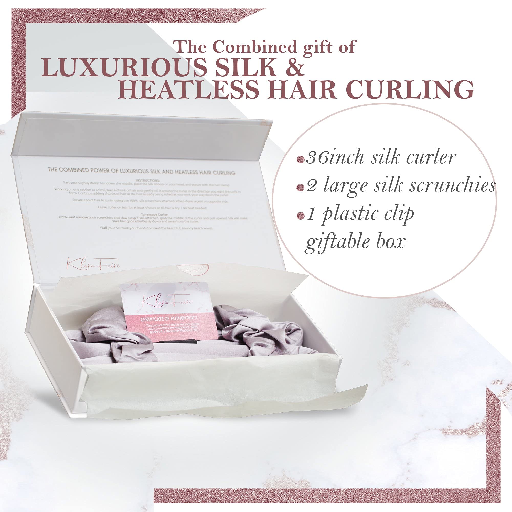 Klara Faire Heatless Hair Curlers -100% Silk Heatless Curling Rod Headband w/ 2Silk Hair Ties & 1Hair Clip | Authentic Grade 6A
