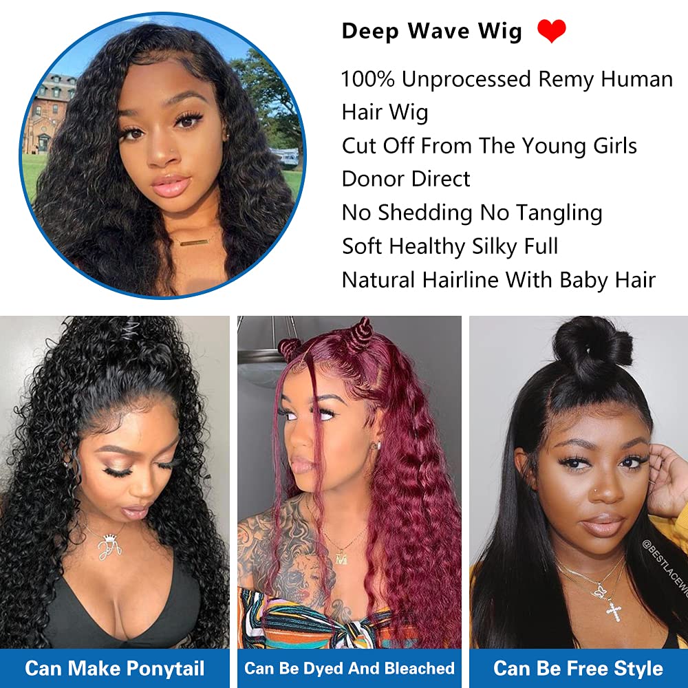Deep Wave Lace Front Wigs Human Hair for Black Women Glueless Wigs Human Hair Pre Plucked Wet and Wavy Lace Front Wig Human Hair