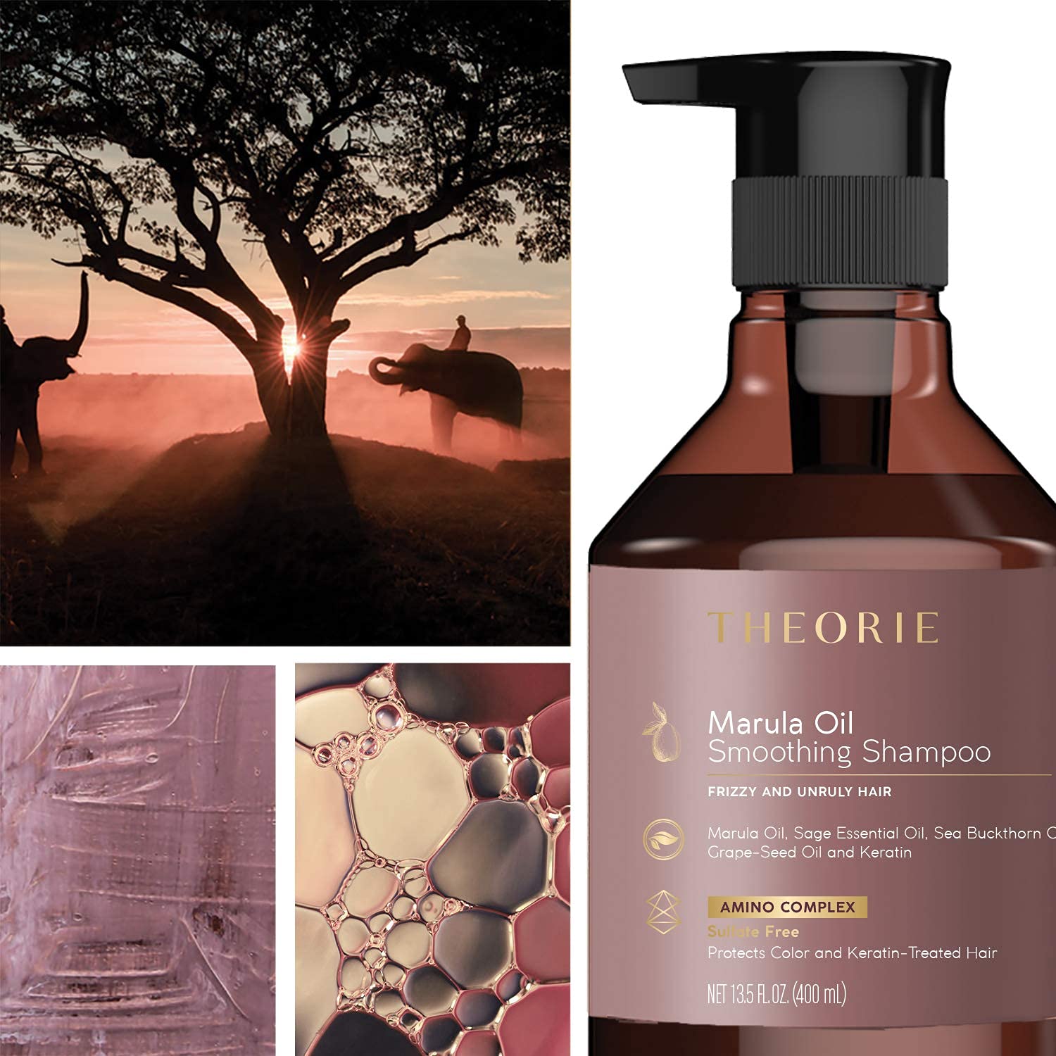 Theorie Marula Oil Smoothing Shampoo - Controls Frizz & Smooths Hair with Marula Oil, Sea Buckthorn Oil & Grape Seed Oil, Sulfat