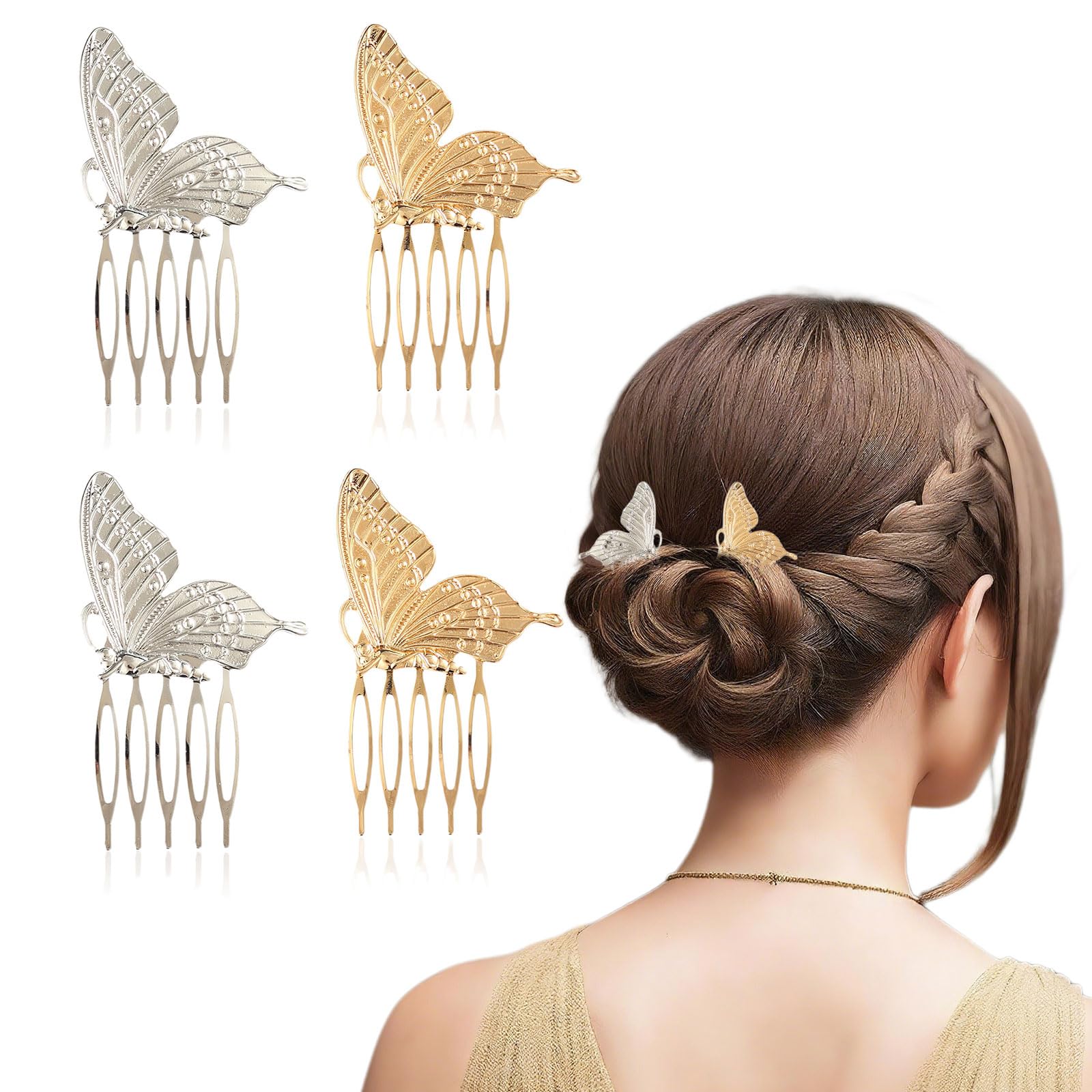 4 PCS Butterfly Hair Combs, Retro Metal Silver Gold Hair Side Comb Clips with Tooth Grip for Women for Bride Wedding Headpiece A