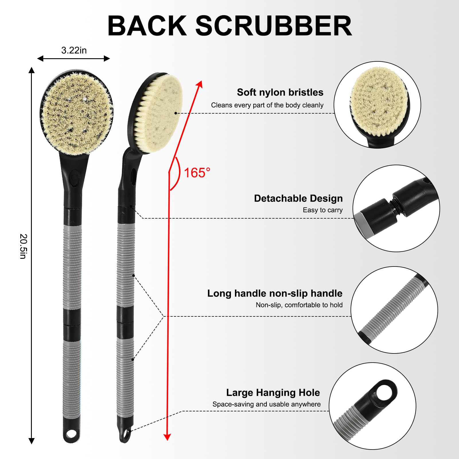 Back Scrubber Anti Slip For Shower, 21.7    Detachable Back Bath Brush For Shower, Back Scrubber, Exfoliation And Improved Skin