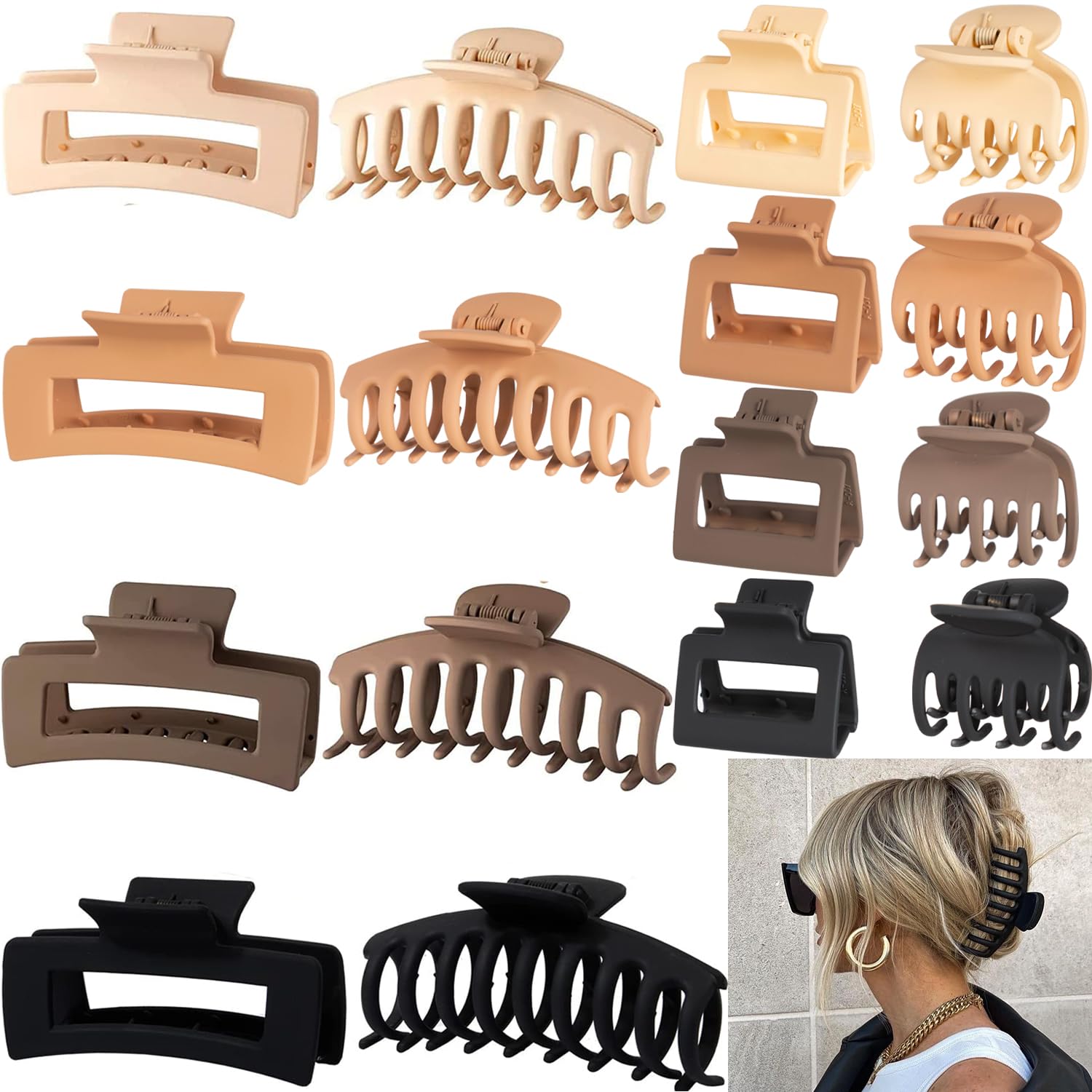 16 Pack 4.4 '' Large Hair Clips,Claw Clips,Hair Clips for Women & Girls,4 Styles 4 Colors Internal tooth design Strong Hold Matt