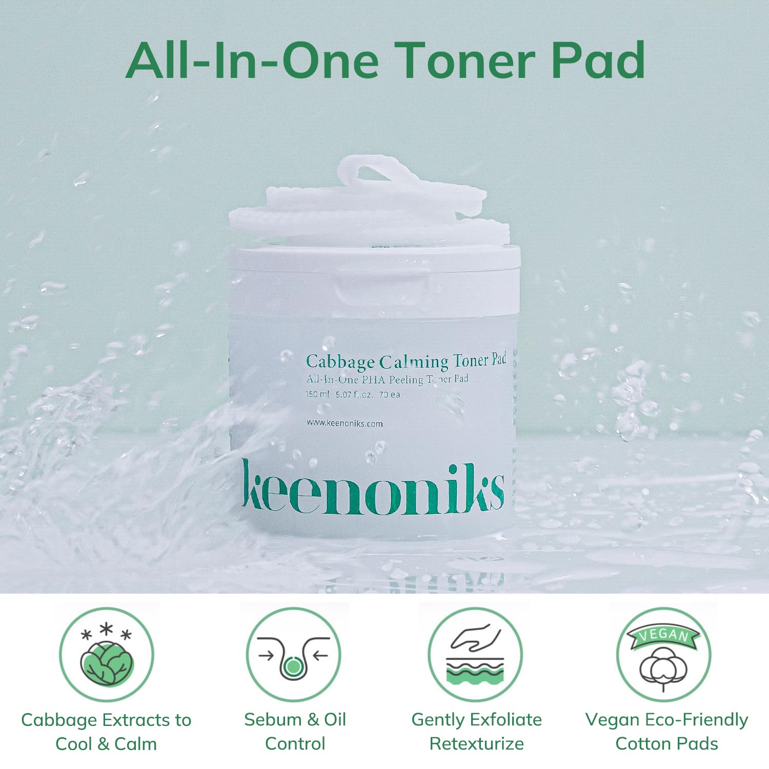 Keenoniks Dual Texture Toner Pads with Essence 70ea Value Pack - Cabbage Calming to Soothe, Minimize Pores and Control Sebum | W