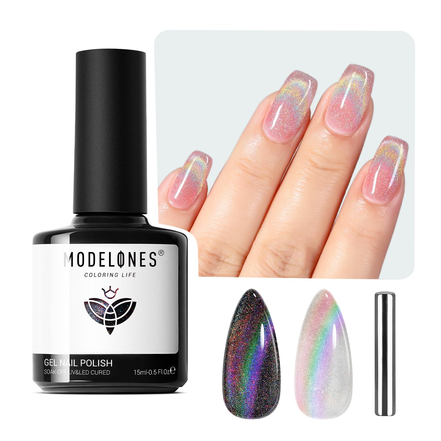Modelones Cat Eye Gel Nail Polish, 15 Ml Rainbow Glitter Holographic Cat Eye Gel Polish With Magnet Stick Soak Off U V Nail Lamp