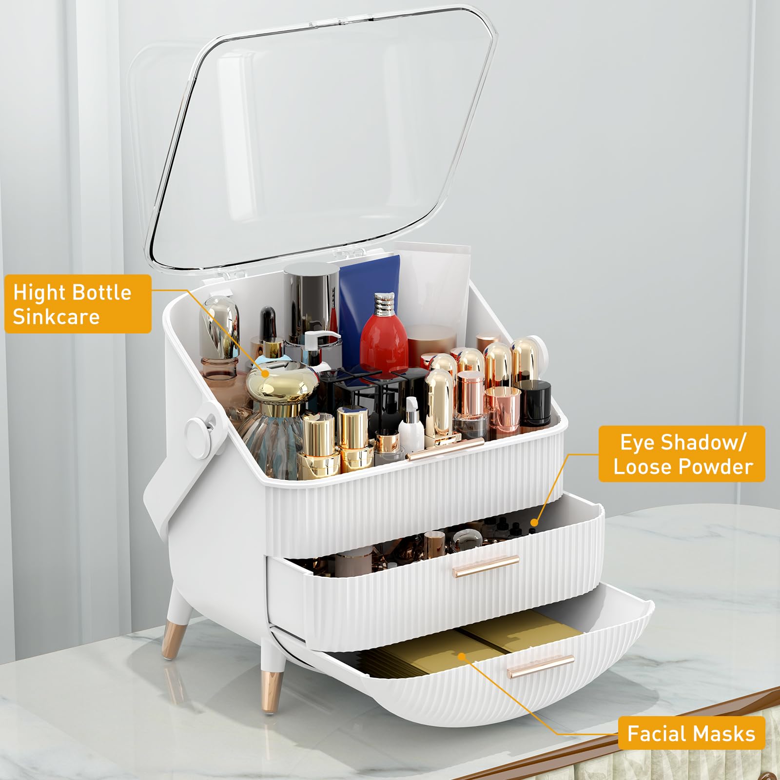 Makeup Organizer with Transparent Lid & 2 Drawers - Large Capacity Cosmetic Skincare Storage Box for Bathroom Vanity, Countertop