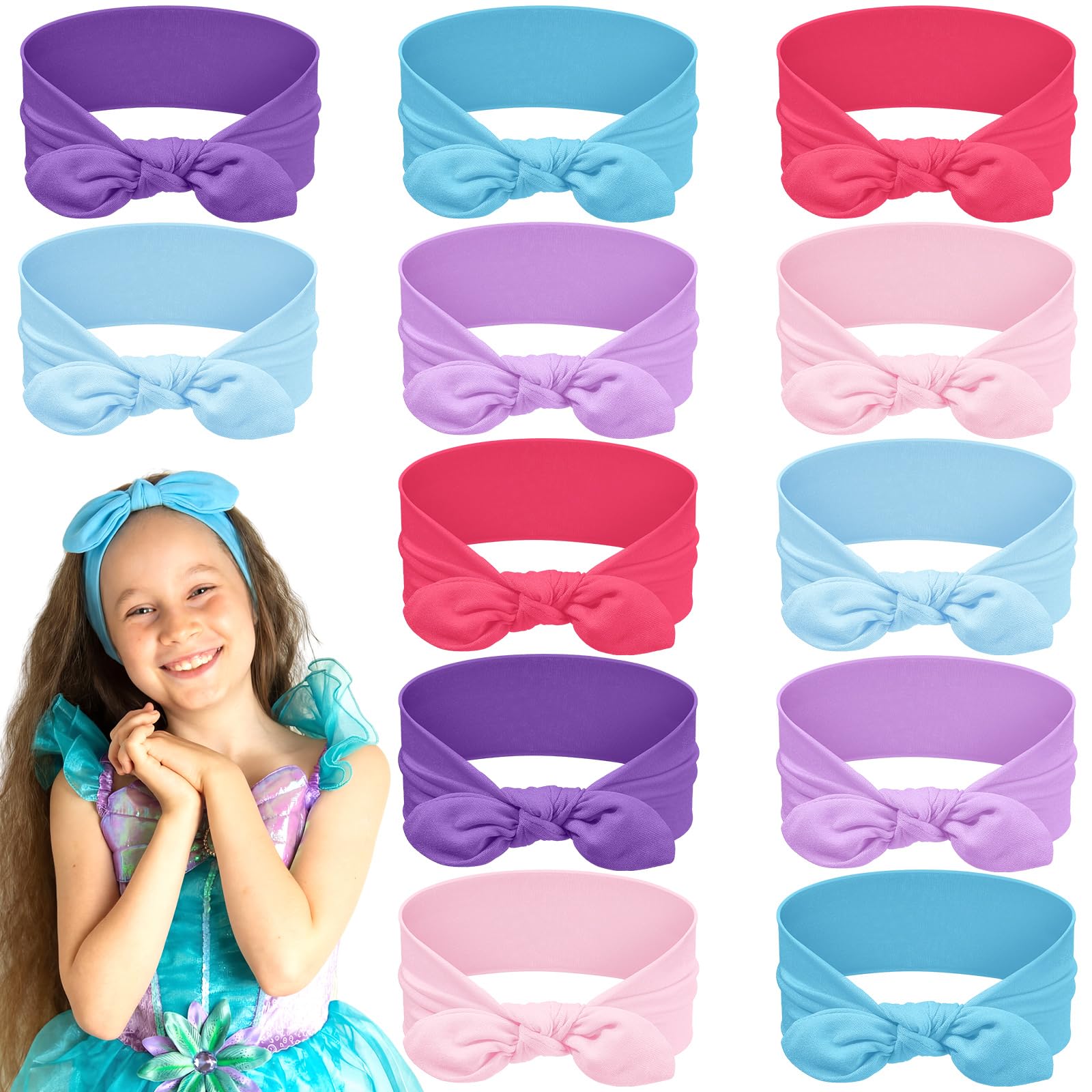 Giegxin 12 Pack Girls Headbands Rabbit Ear Bow Hairband Stretchy Wide Cloth Hair Accessories for Kid Toddler(Mermaid Color)