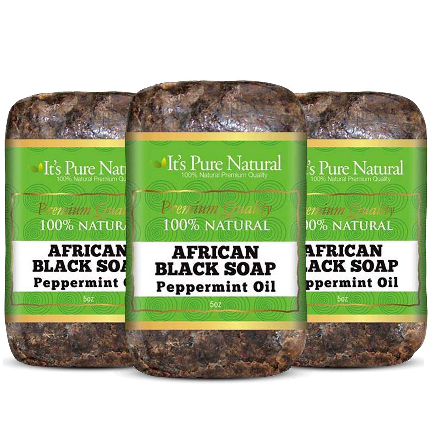 It's Pure Natural African Black Soap Bars with Peppermint Oil (Pack of 3) Organic Raw Soap for Face & Body, Acne Treatment & Dar