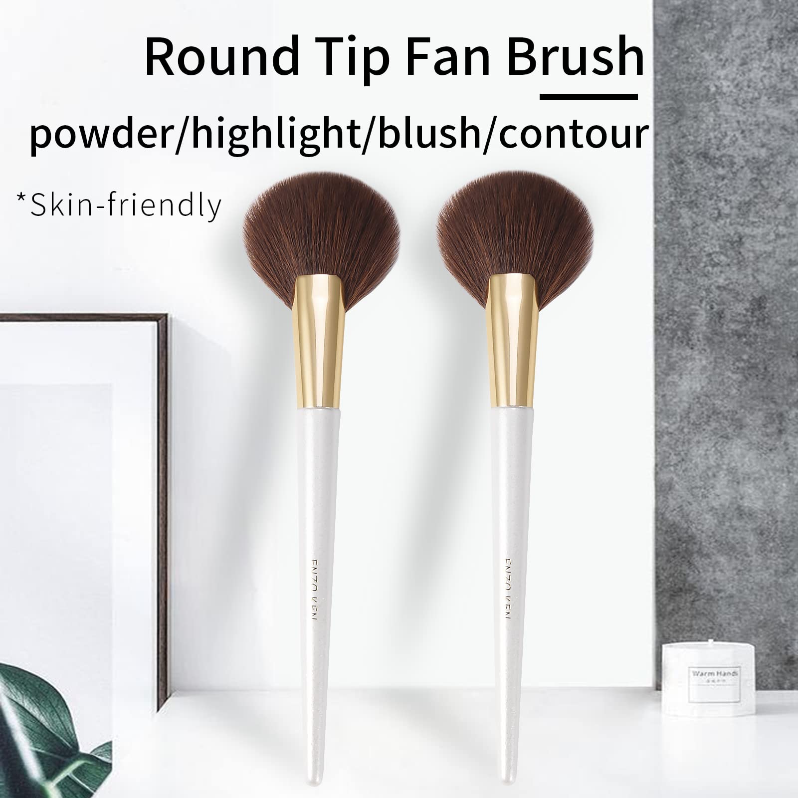 Enzo Ken Round Fan Makeup Brush, Thick Fan Brush Makeup, Fan Brush Bronzer, Fluffy Blush Brush For Cheeks, Sculpt Blush Brush, C