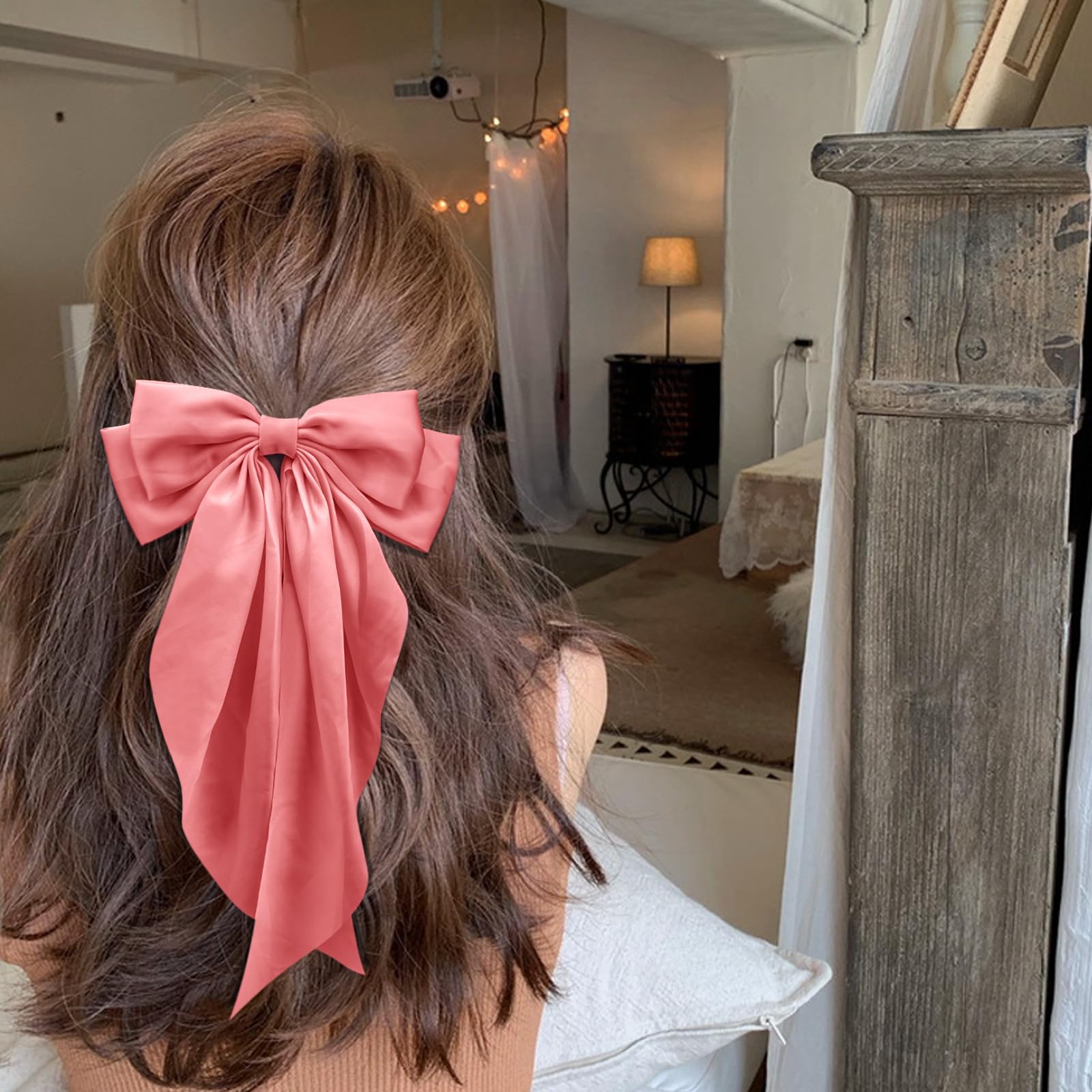 Big Watermelon Red Silky Satin Hair Bows For Women - Long Tail Cute Ribbon Coquette Hair Clips And Barrettes For Girls