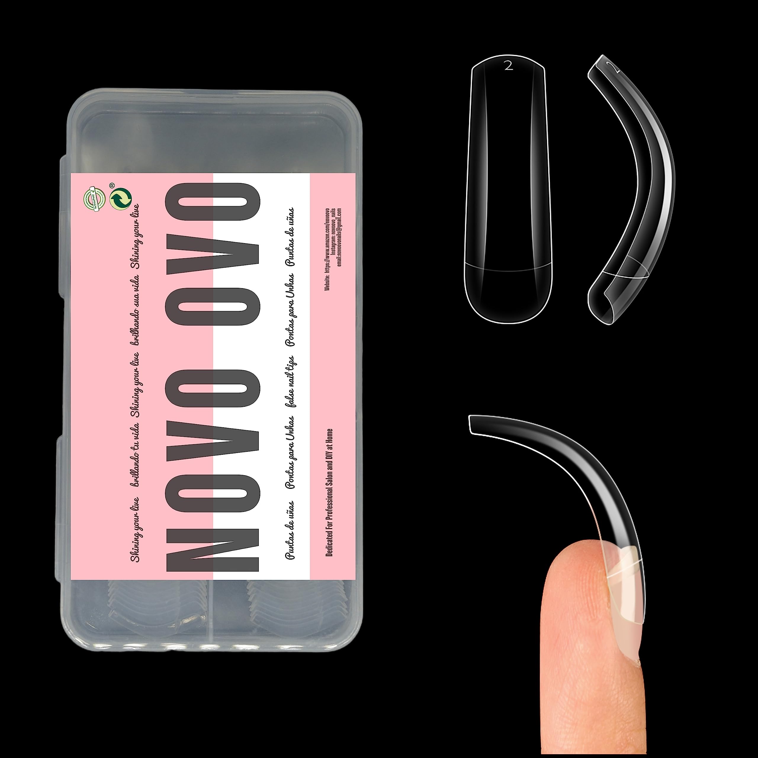 Novo Ovo 100 Pcs Long Hawk Curved Nail Tips, Clear Cystal Extra Super Extreme Deep Curve Half Cover Tapered Square Eagle Claw So