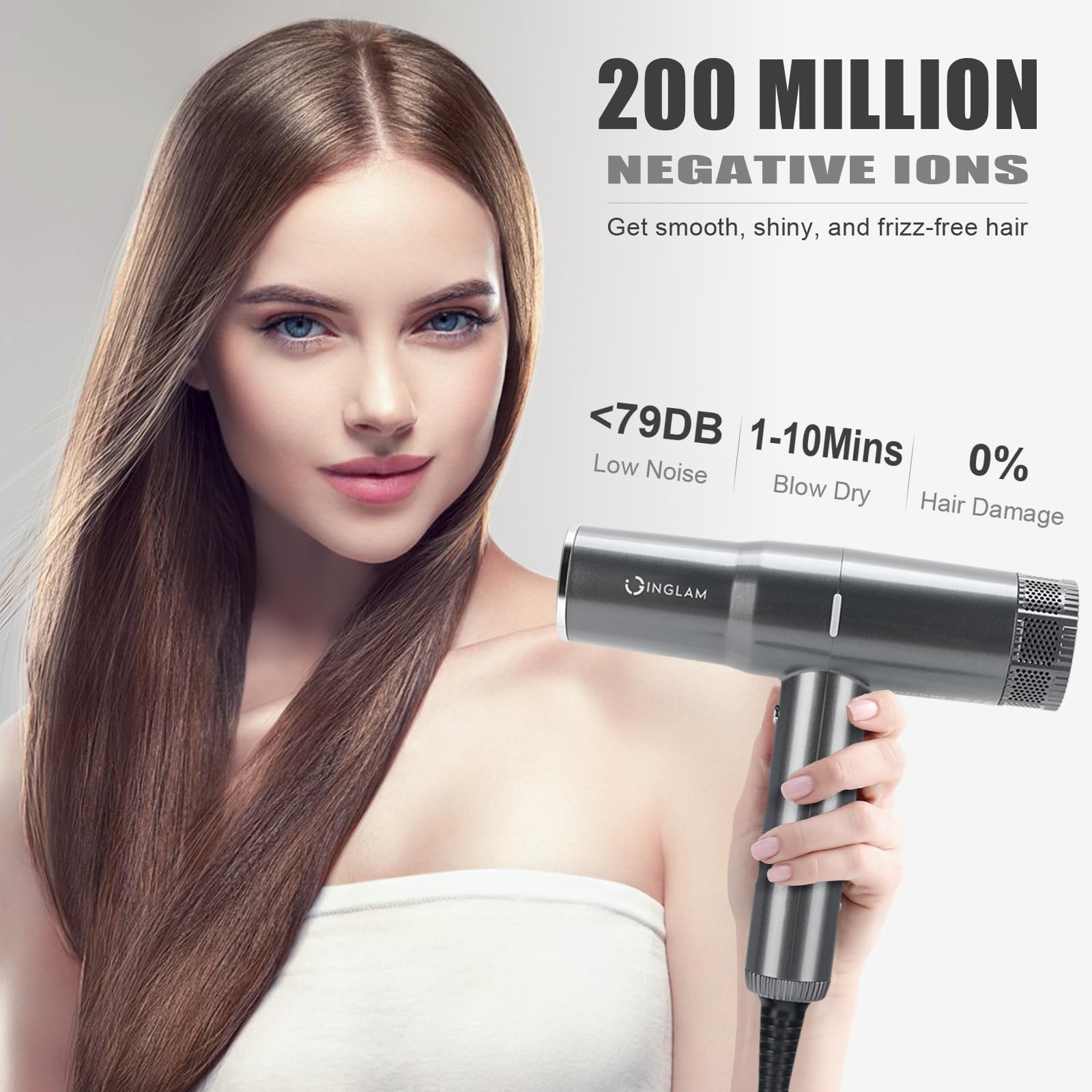 Blow Dryer with Diffuser, IG INGLAM Professional Hair Dryer 110,000RPM Brushless Motor High Speed Low Noise Constant Temperature