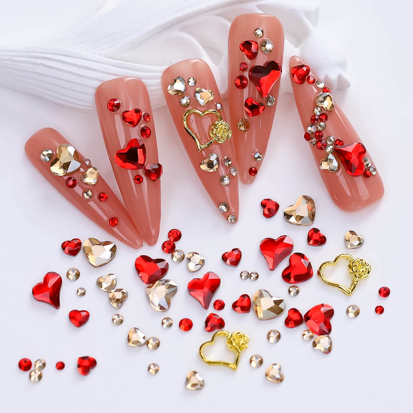 Mkwntg Red Heart Nail Charms Valentine'S Day Luxury Nail Art Rhinestones 3D Glitter Nail Jewelry Red Gold Round Beads Flat Back