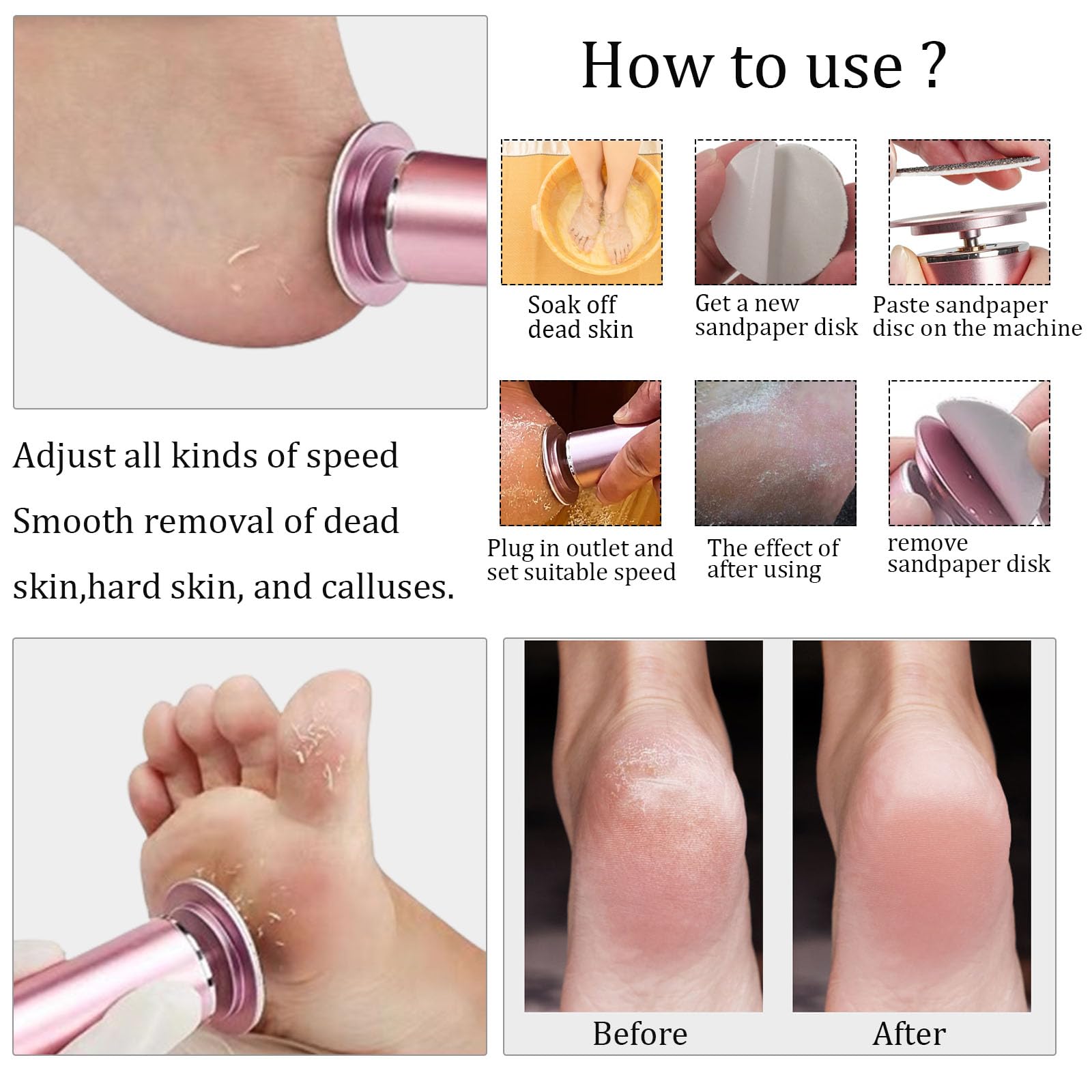 Electric Foot File Callus Remover Professional Foot File Pedicure Tools Adjustable Speed 60Pcs Replacement Sandpaper Disc Easy T