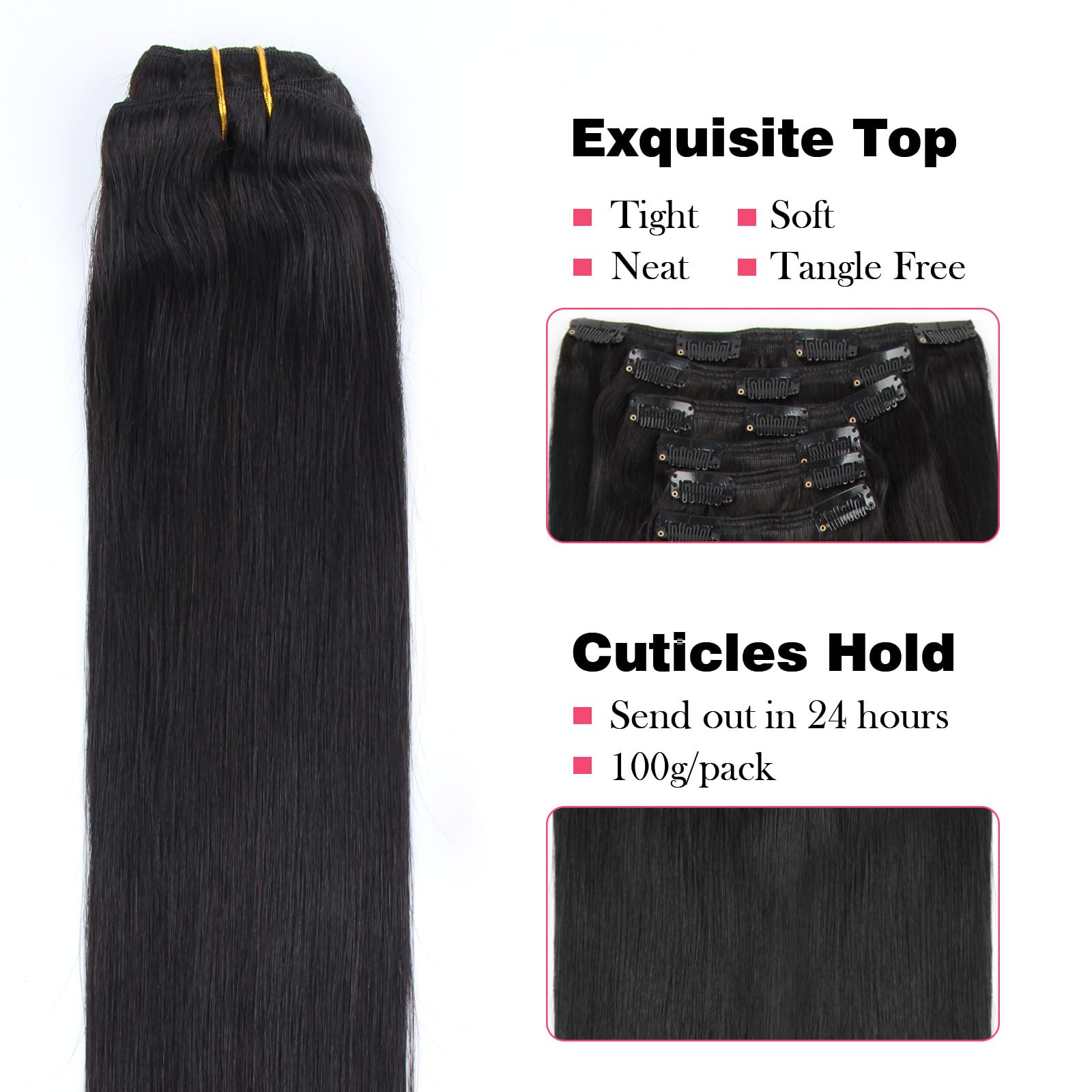 Sassina Straight Clip In Human Hair Extensions With Natural Black Hair Color Silky Straight Double Wefts Remy Real Hair Extensio