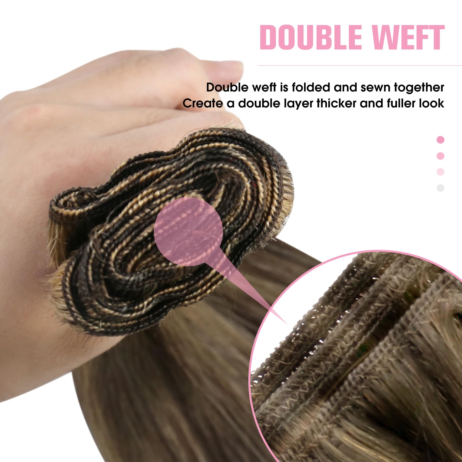 YoungSee Sew in Hair Extensions Real Human Hair Highlights 22Inch 100G Brown Weft Extensions