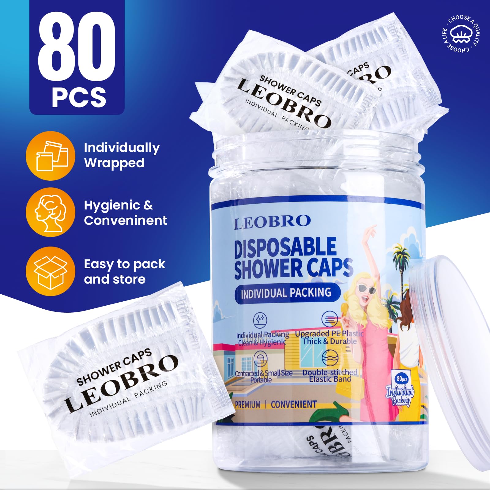 Leobro Shower Cap, 80Pcs Individually Wrapped Disposable Shower Caps For Women, Plastic Shower Caps Disposable, Plastic Hair Cap