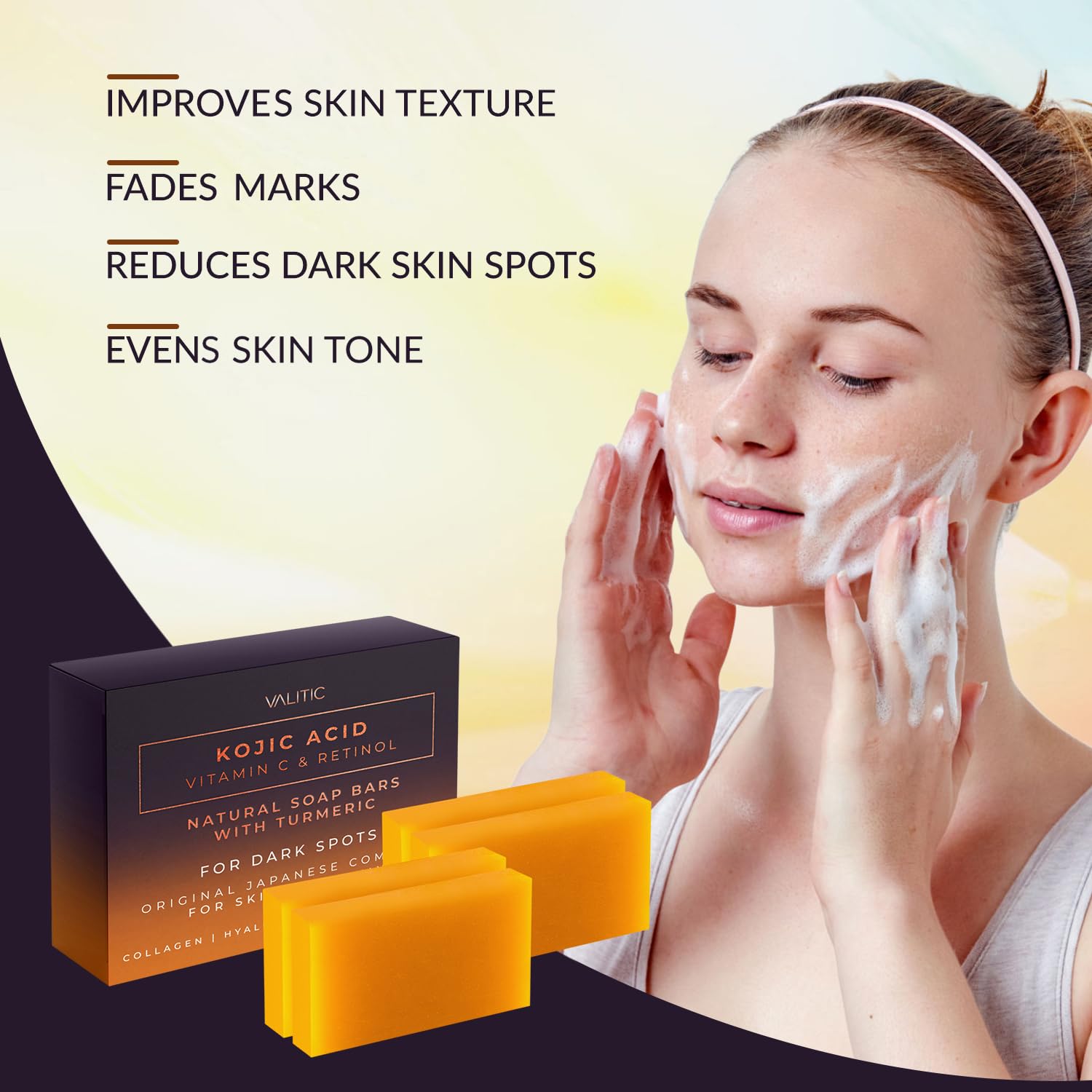 Valitic 4 Pack Kojic Acid Vitamin C & Retinol Soap Bars For Dark Spot & A Pair Of Turquoise Exfoliating Gloves For Body Scrubs