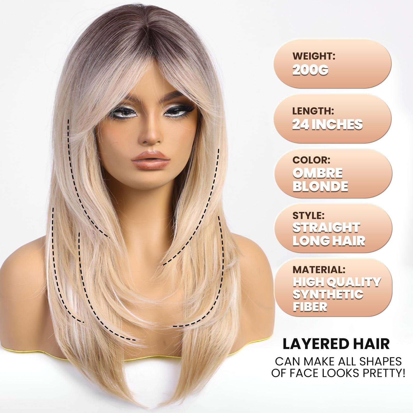Emmor Blonde Wigs For Women,Long Layered Wigs With Curtain Bangs Heat Resistant Synthetic Fibre Wigs(Ombre Blonde)