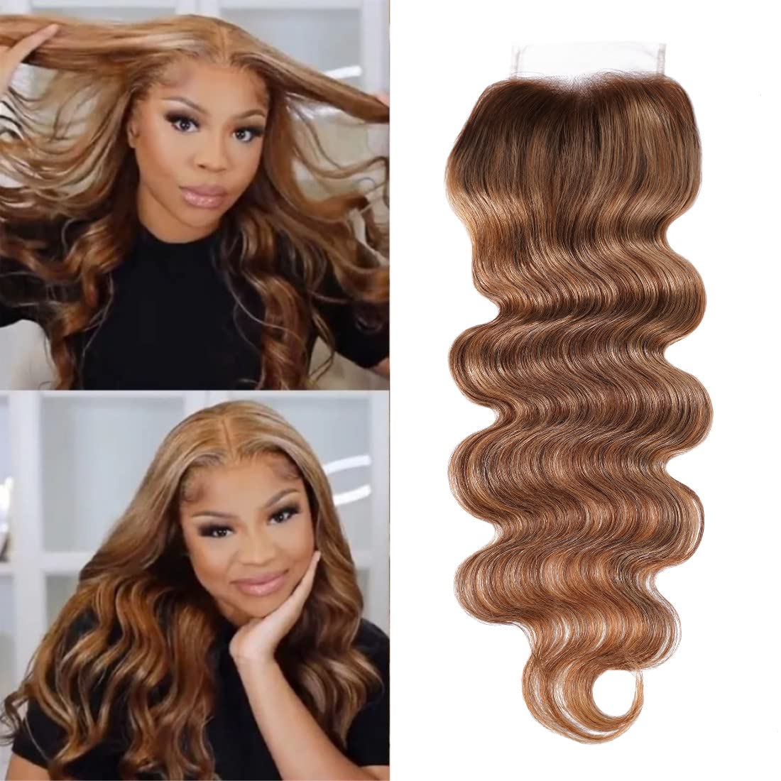 UNICE Honey Blonde Highlight Body Wave 4x4 Lace Closure Free Part 18 inch 100% Remy Human Hair Closure for Women TL412 Color