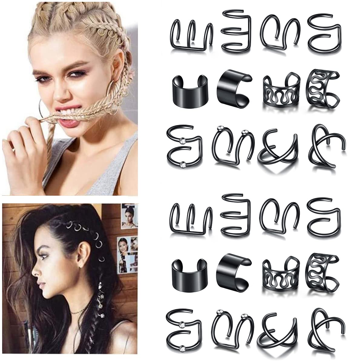 24 Pcs Black Hair Braids Dreadlock, Non-Piercing Ear Clip Beard Beads Cuffs Clip Hair For Women Men Hair Accessories Styling Jew