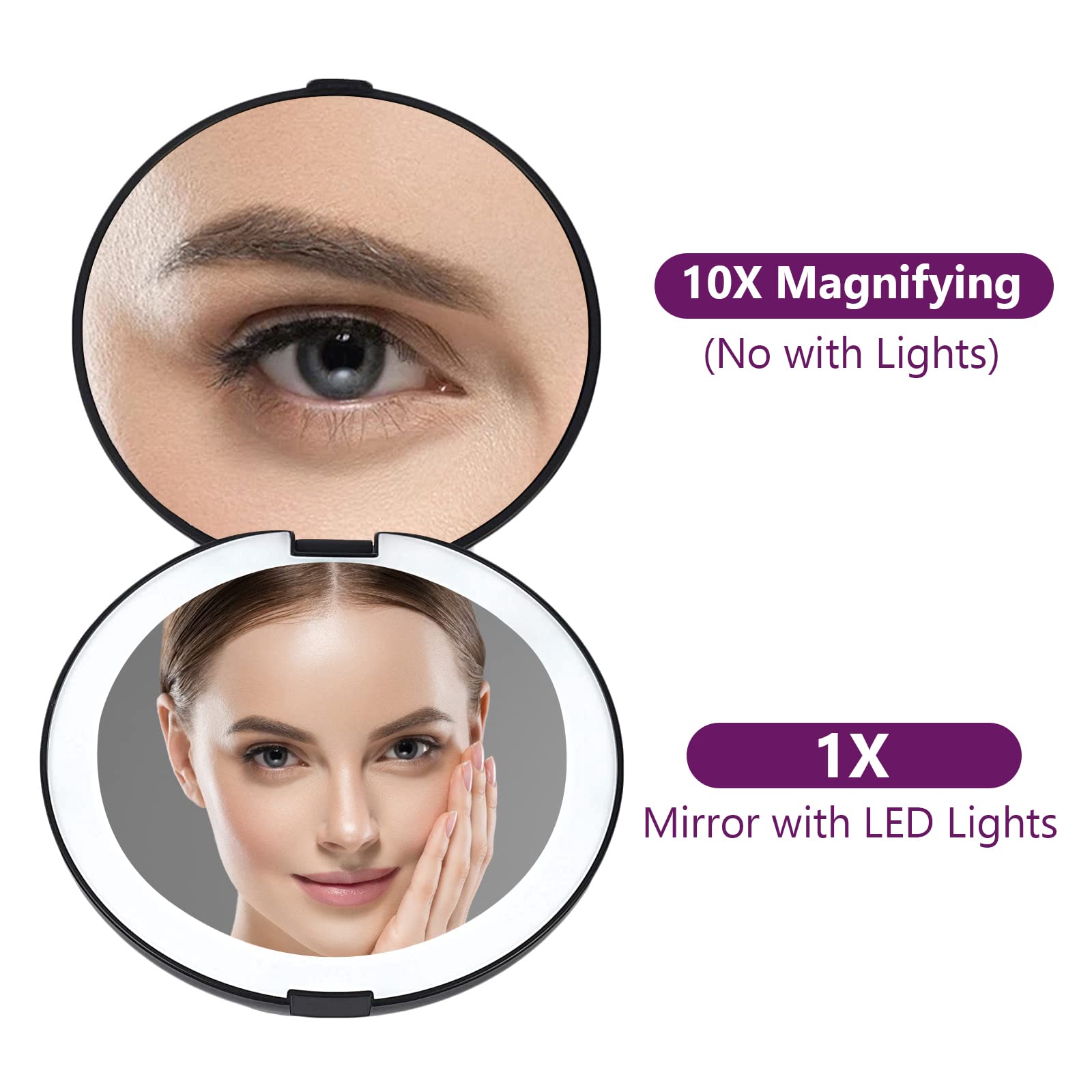 Wobsion 1X/10X Magnification Compact Mirror For Purses,Compact Mirror With Light,Handheld 2-Sided Mirror,Travel Makeup Mirror,3.