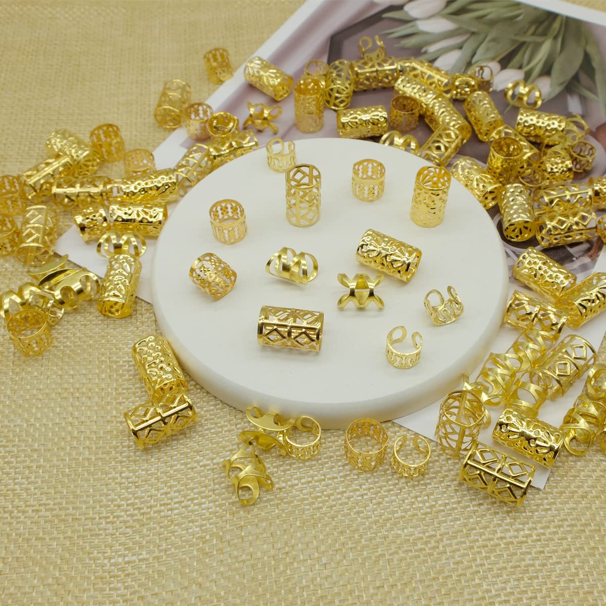 100 Pcs Gold Dreadlock Beads Locs Accessories , Jewelry For Braids, Women And Girls, Adjustable Cuffs Braiding Hair Rings Decora