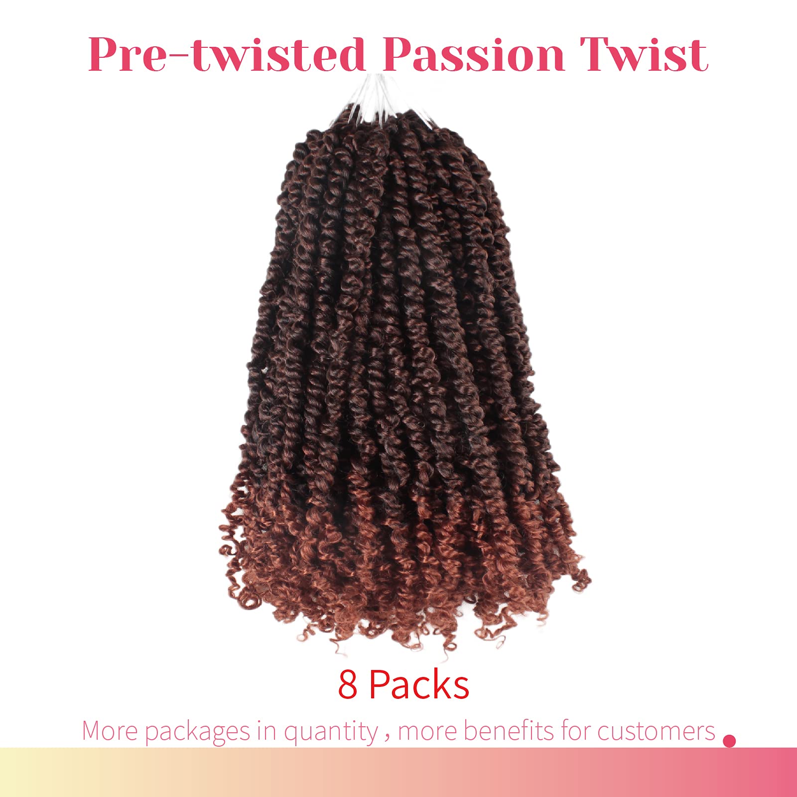 BOHOBABE Pre-twisted Passion Twist Crochet Hair, 14 Inch, 8 Packs, Synthetic, T350 Ombre Ginger Red