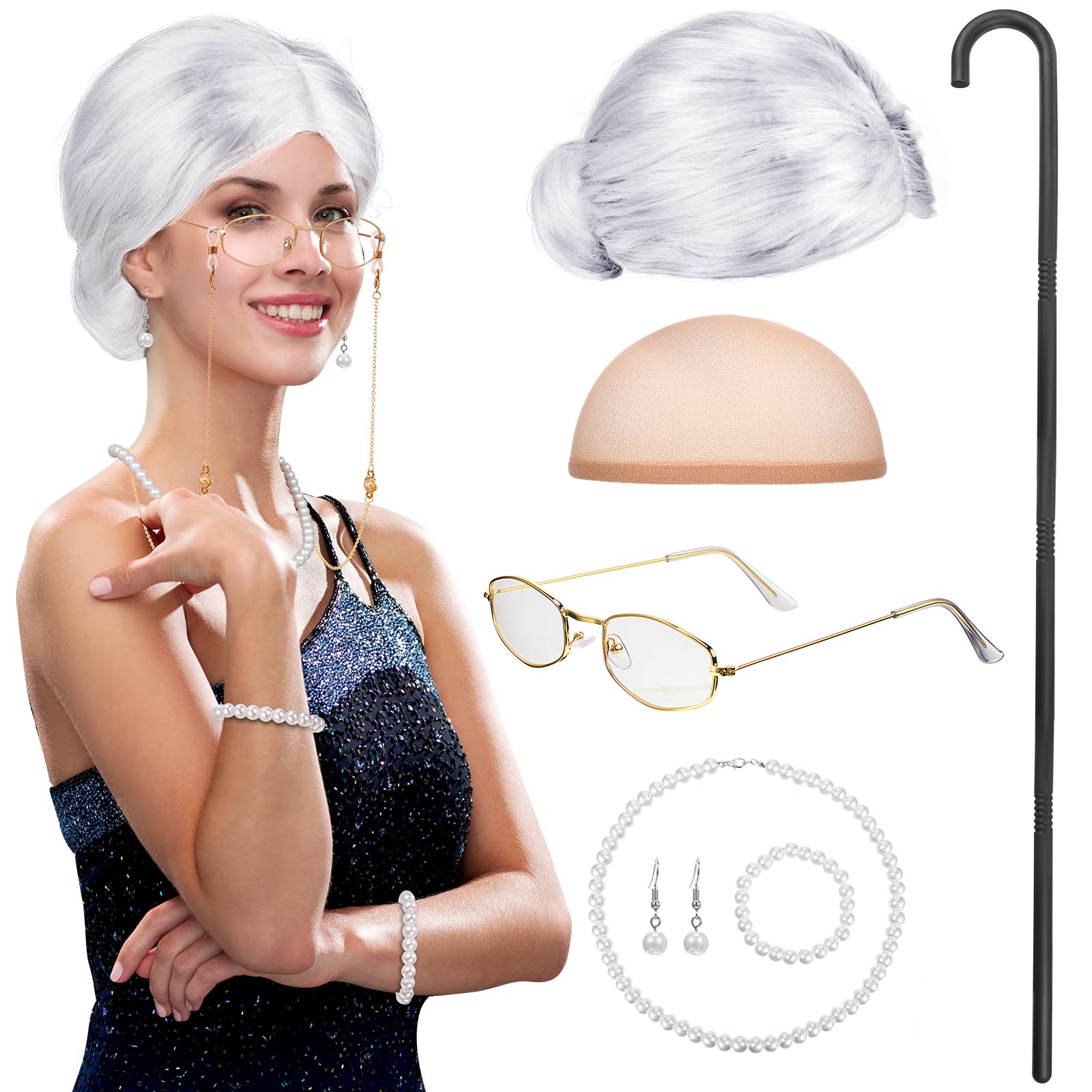 BBTO Old Lady Cosplay Set Grandma Gray Wig for Women Walking Cane Glasses Chain Cords Faux Pearl Bead Necklace(Silver Bun Wig)