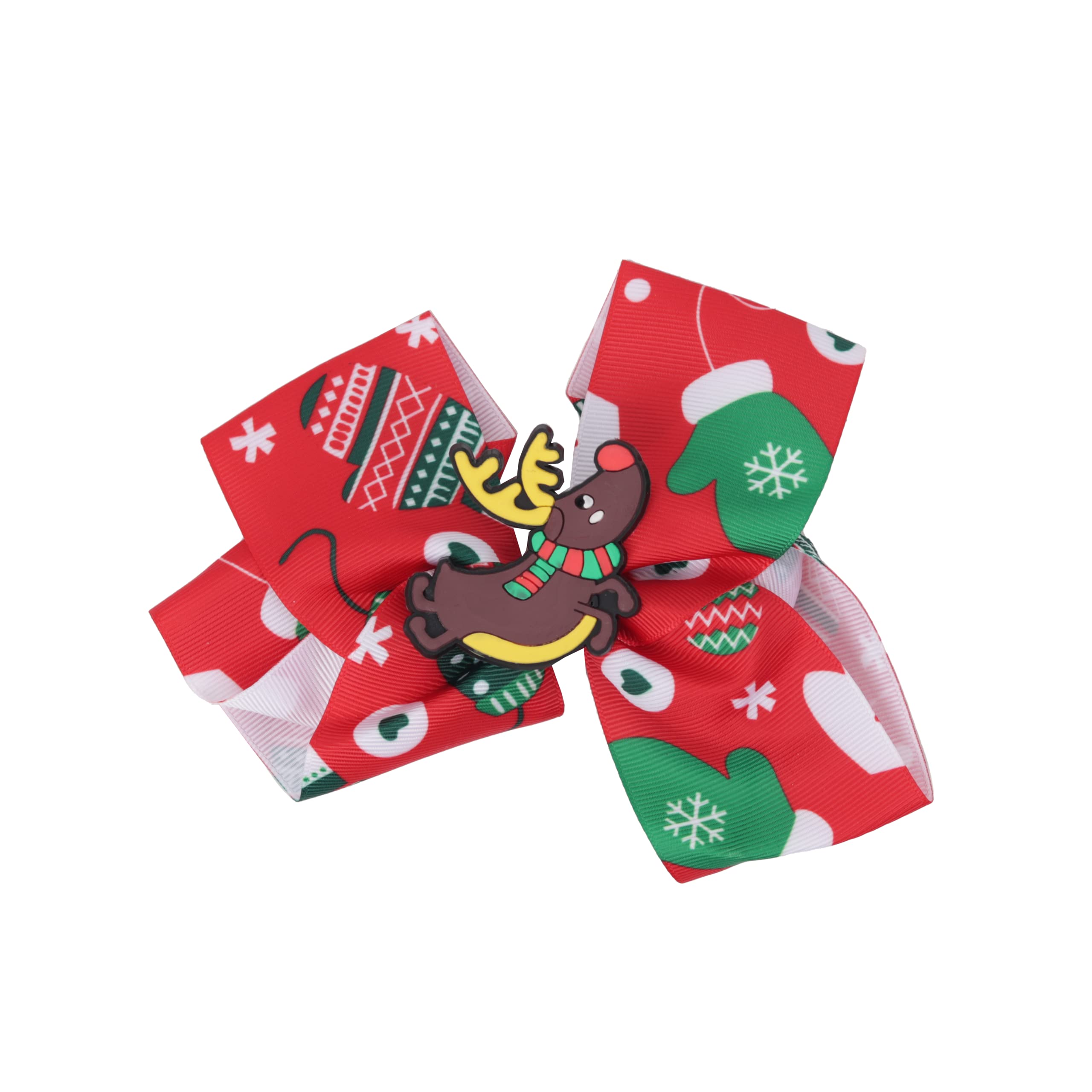 Hair Bow Printed Christmas Bow with Silicone Charm - Red Reindeer
