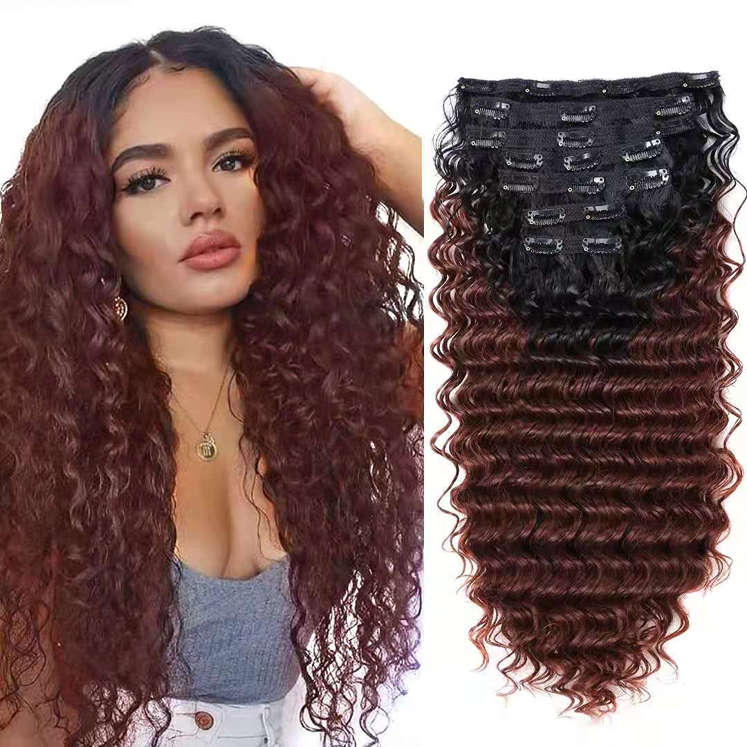 24 Inch Deep Wave Clip In Hair Extension Human Hair Feeling Double Weft Hairpiece Synthetic For Women Thick Ombre Hair Extension