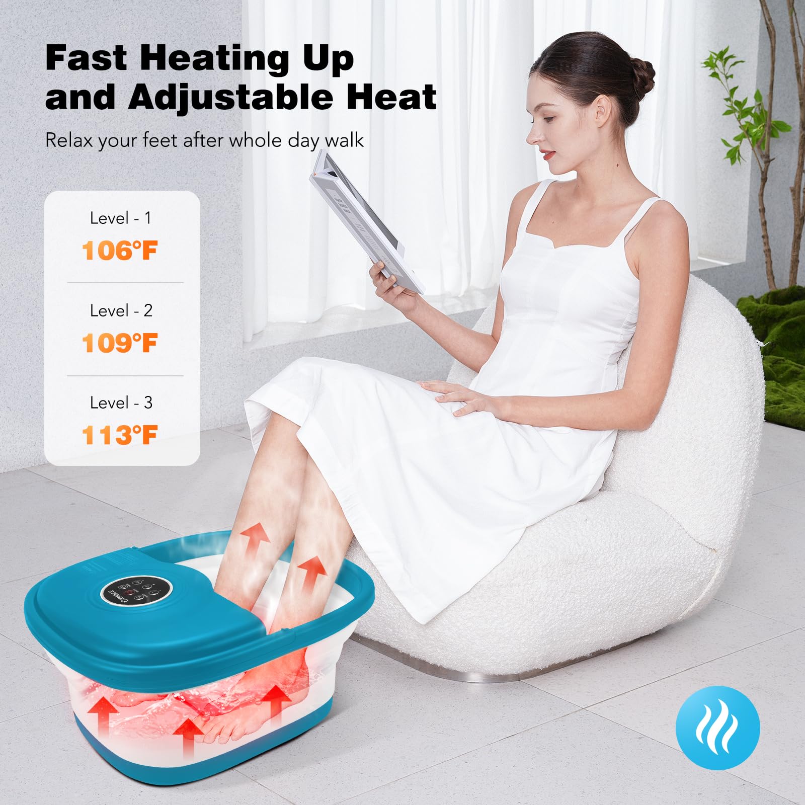 Collapsible Foot Spa Bath With Heat, Remote Control, Temperature Control, Bubbles, Red Light, Pumice Stone, 16 Massage Roller Pe