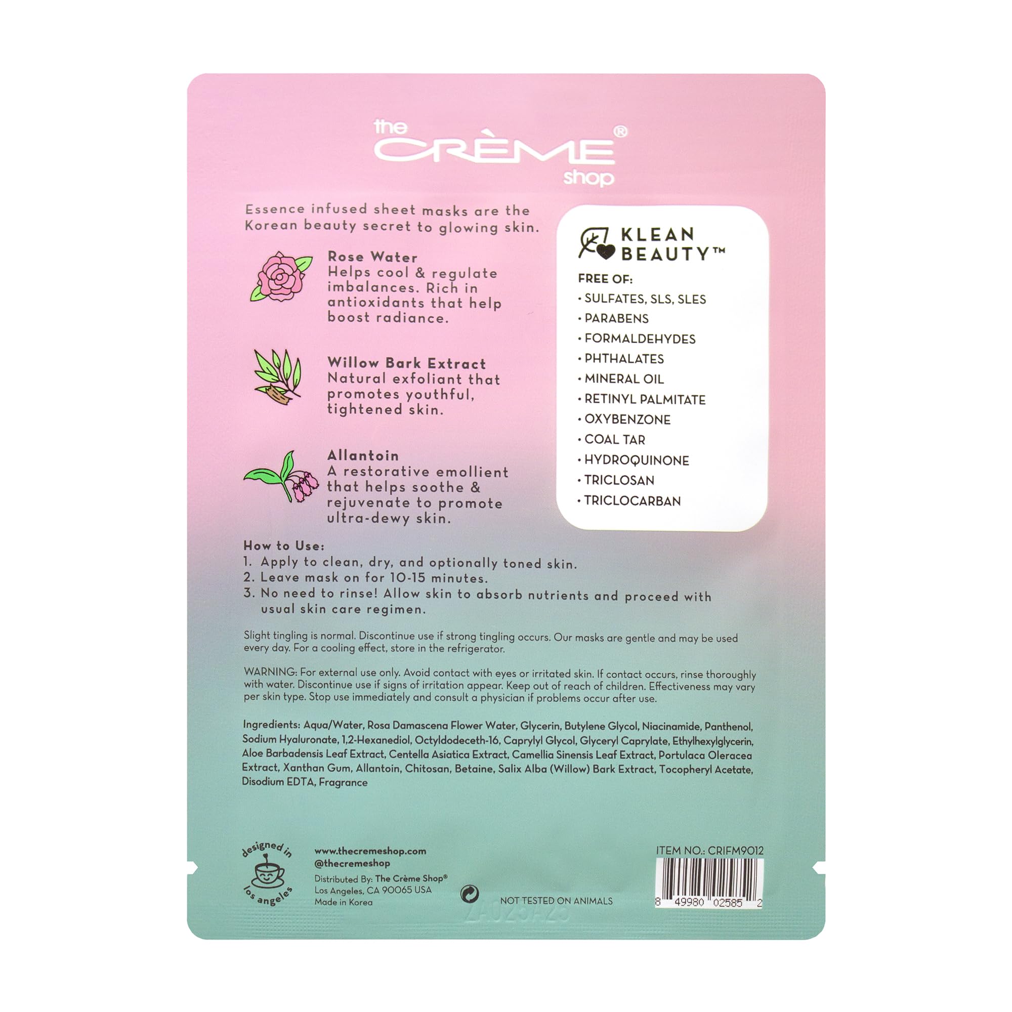 The Crme Shop Korean Skincare Beauty Full Facial Advanced Sheet Daily Natural Essence Easy-To-Use Soothing - Rose Water Face Mas