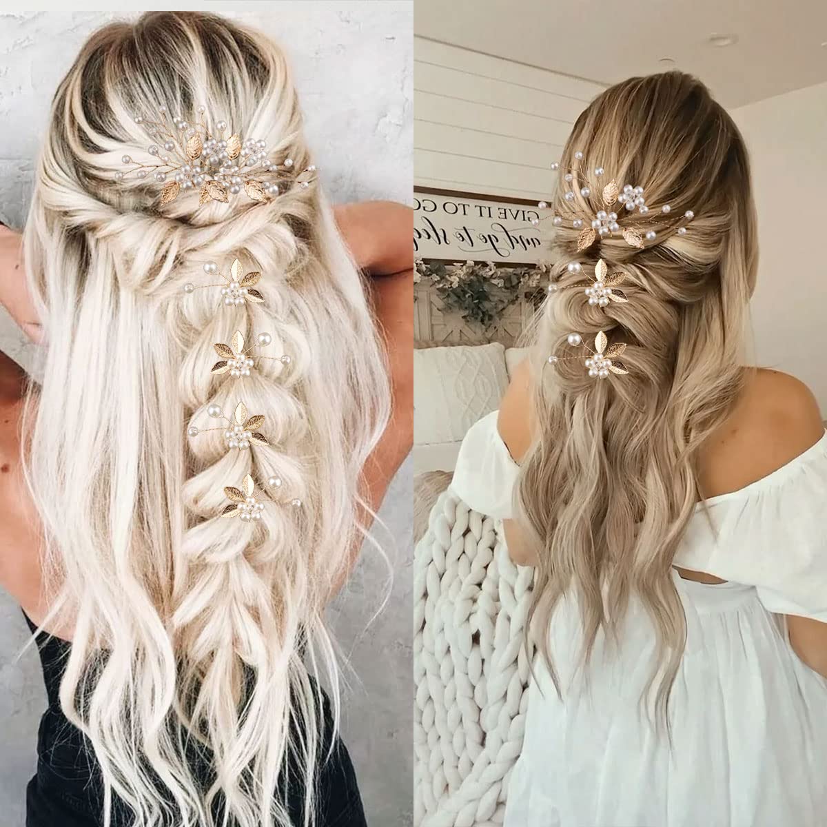 Boyivi 7 Pieces Wedding Hair Pins Gold Leaf, Elegant Flower Hair Accessories For Brides Bridesmaids Girls Pearl Alloy Material H