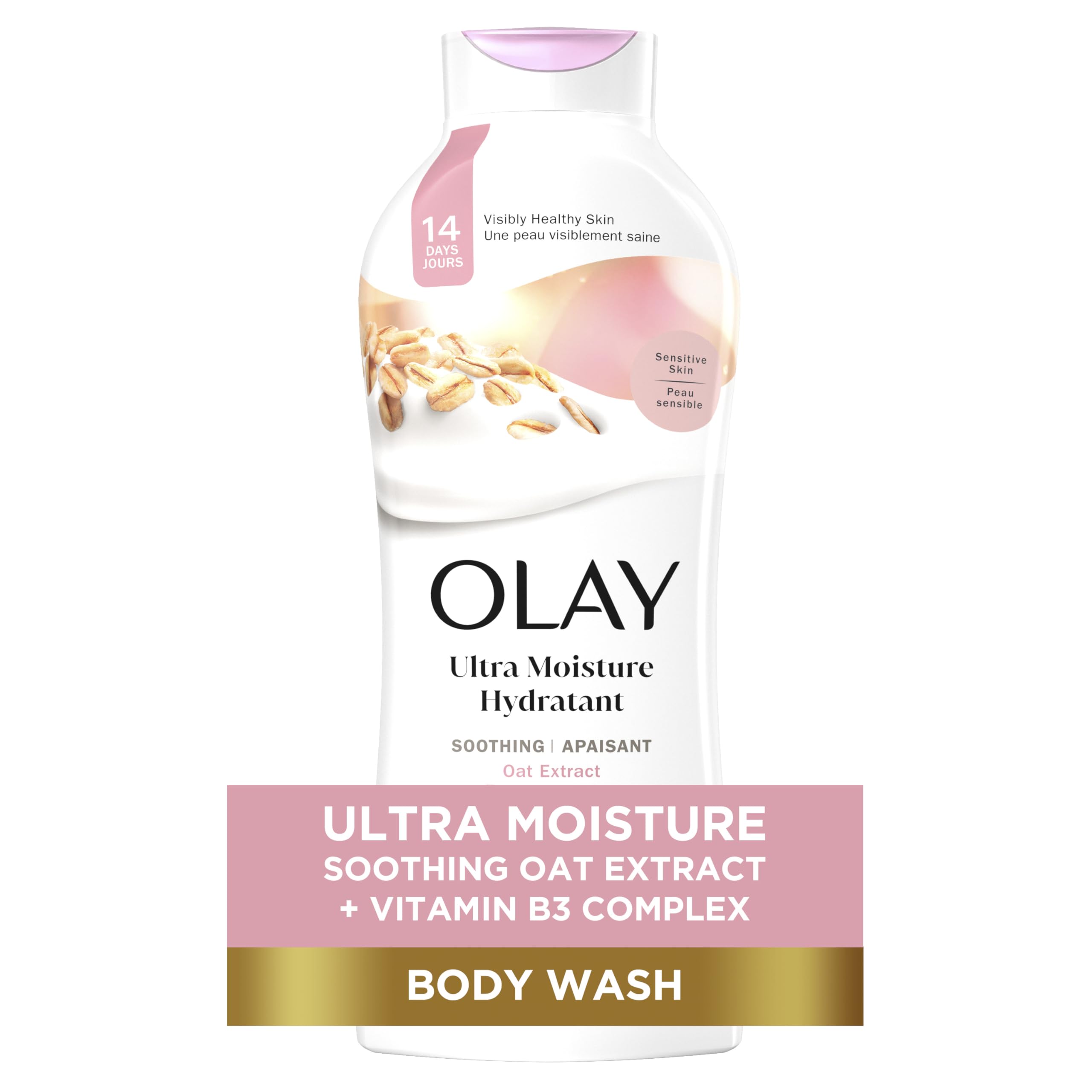 Olay Ultra Moisture Soothing Body Wash for Sensitive Skin with Oat Extract, 24hr Long Lasting Hydration, Vitamin B3 Complex, Des