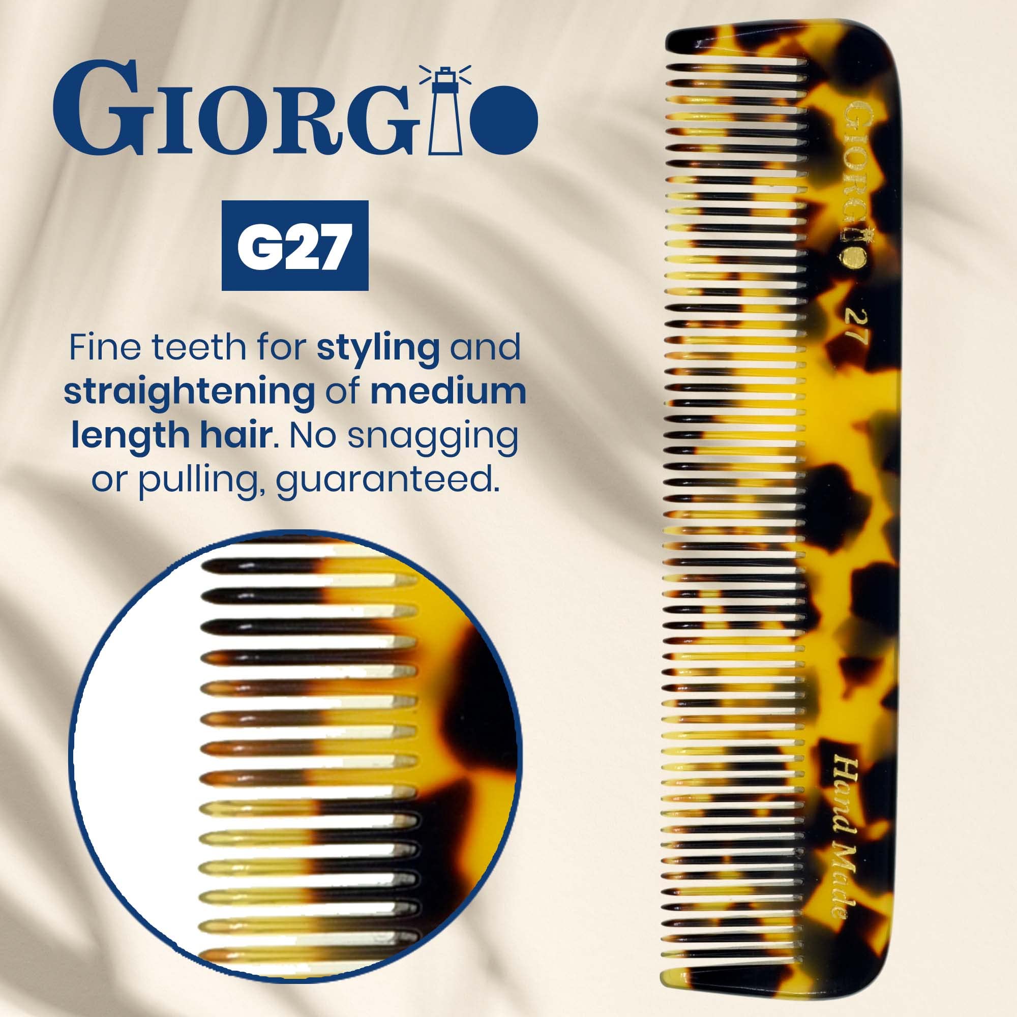 Giorgio G27 Handmade All Fine Tooth Pocket Comb, Hair Comb Straightener for Everyday Grooming Styling Hair, Mustache and Beard f