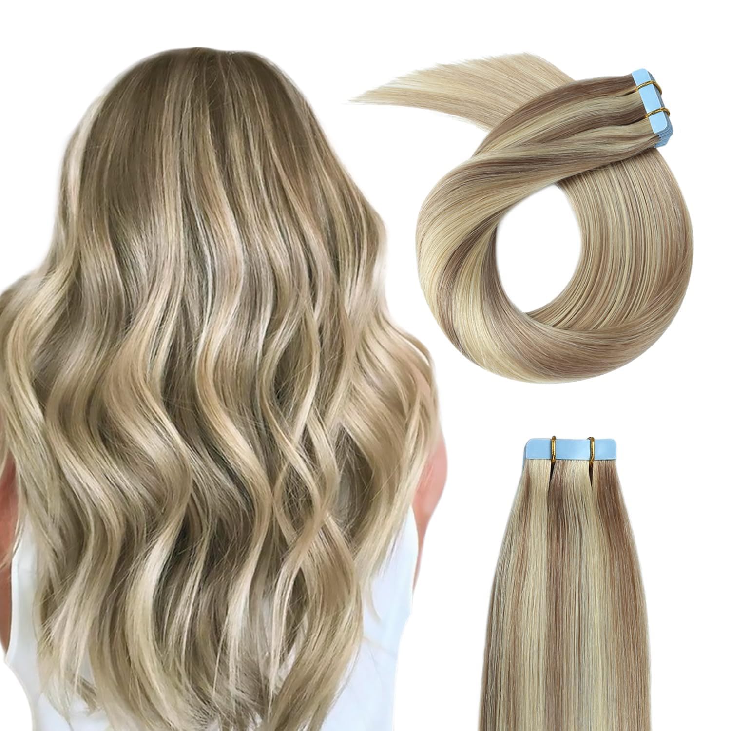 Yilite Tape In Remy Hair Extension Color 18 Ash Blonde Highlighted 613 Bleach Blonde Hair Extensions, #P18/613 Ash Blonde Highli