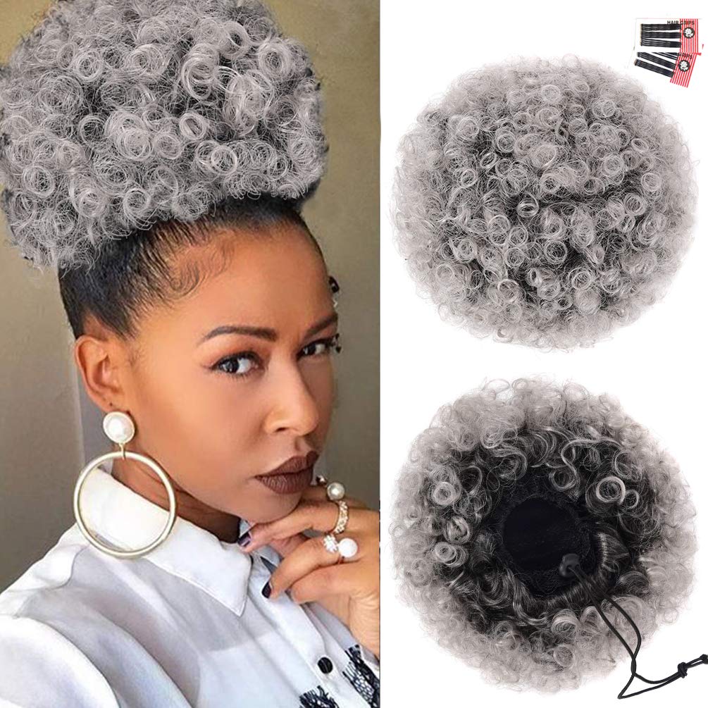 rosmile Afro Puff Drawstring Ponytail Extension for Black Women, Premium Ombre Gray #1BT0906 80 Gram Short Synthetic Afro Puff P