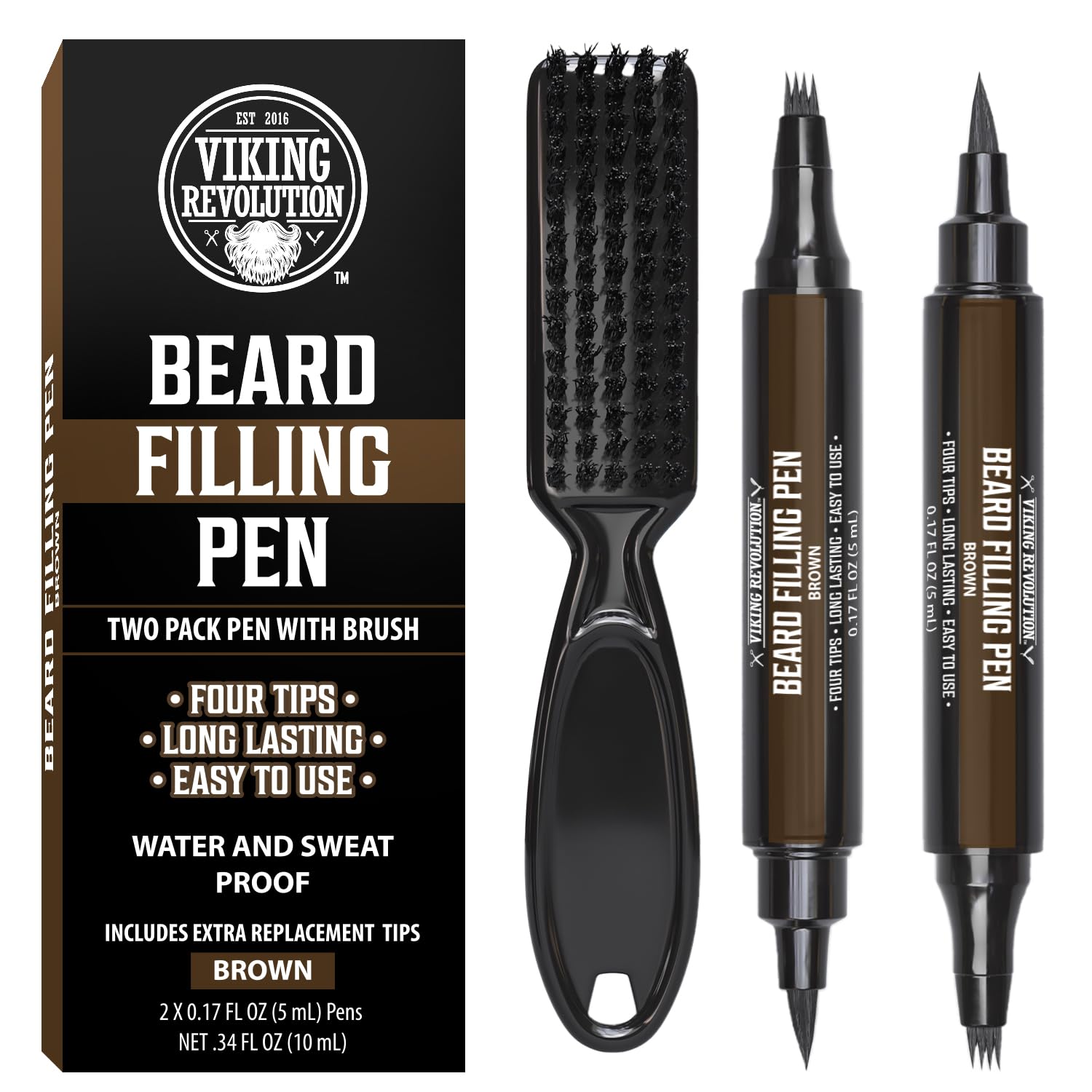 Viking Revolution Beard Pen (2 Pack) - Brown Beard Pencil Filler For Men Lapiz Para Barba De Hombre - Beard Filler For Men Water