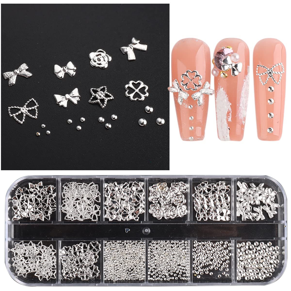 3D Metal Nail Charms Silver Gold Nail Studs Ribbons Flowers Shaped Metal Rivets Charms Y2K Nail Art Jewels Mixed Rhinestones Cav